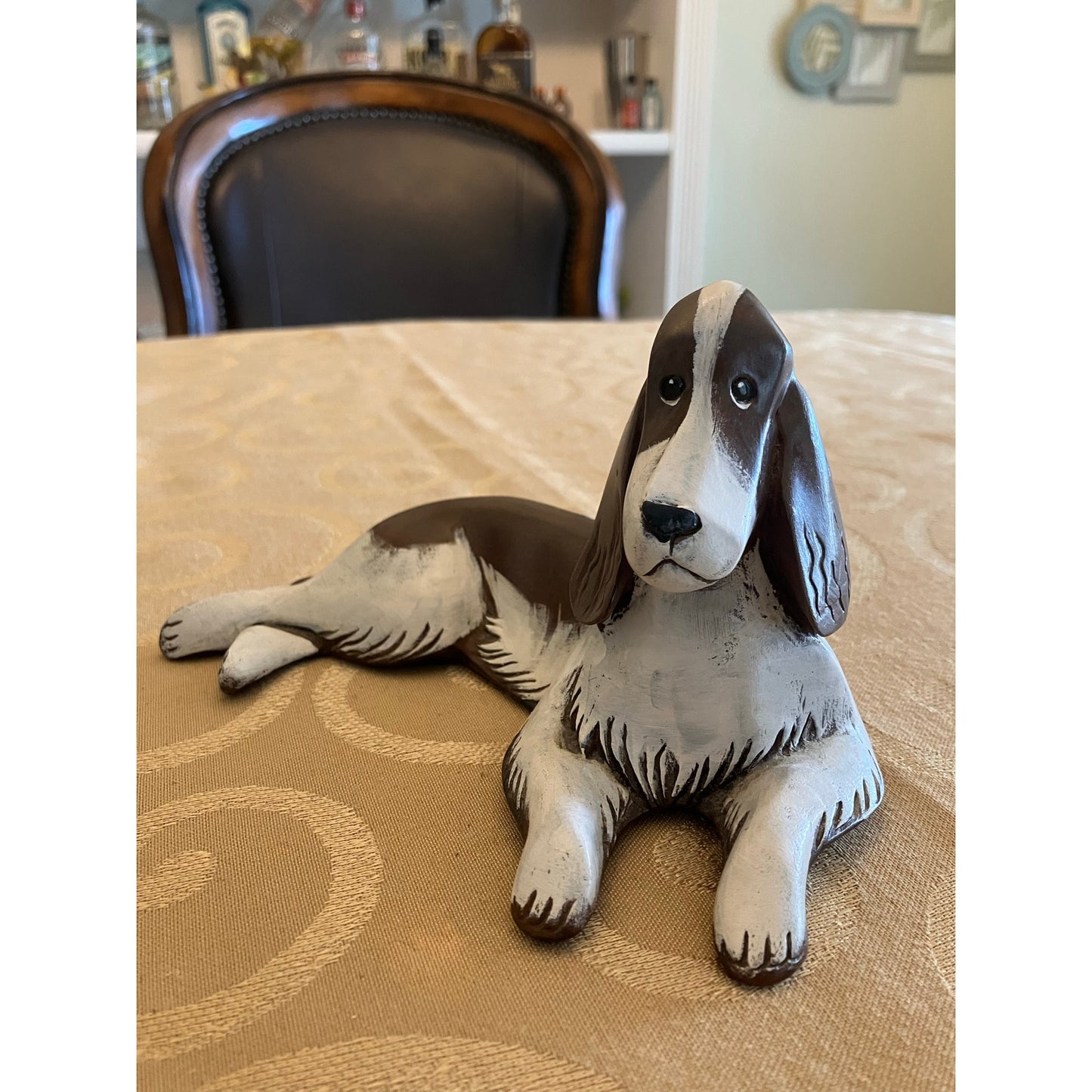 Resin Composite Spaniel Hound Dog, Artist Signed Pleet 1997, Brown & White, 7”x4”