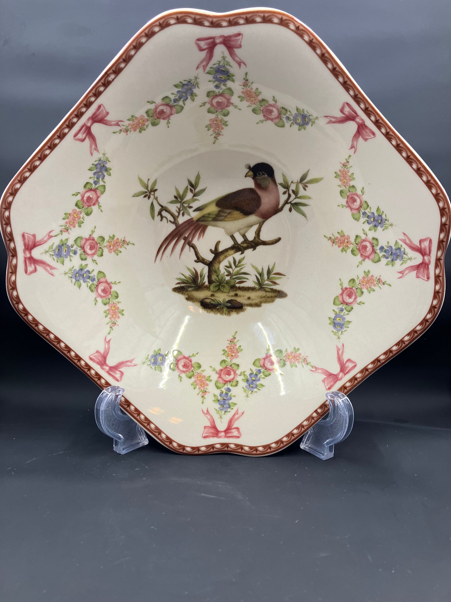 Vintage Floral Bird on a Branch Ornate Shallow Dish Made in Italy by Antiche Riproduzioni
