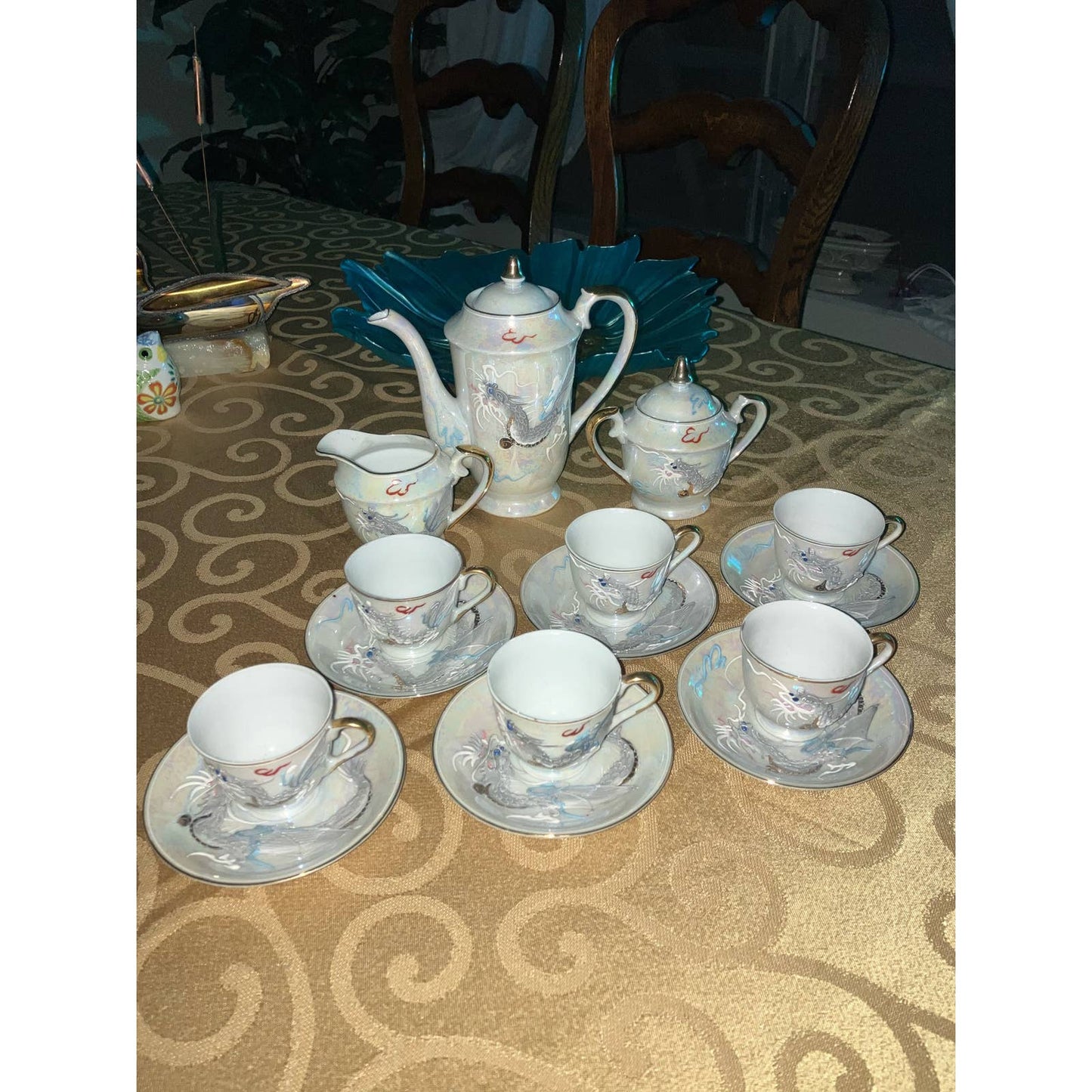 Vintage Moriage Dragonware Tea Set Lusterware with Blue Eyed Dragon - 17 Pieces