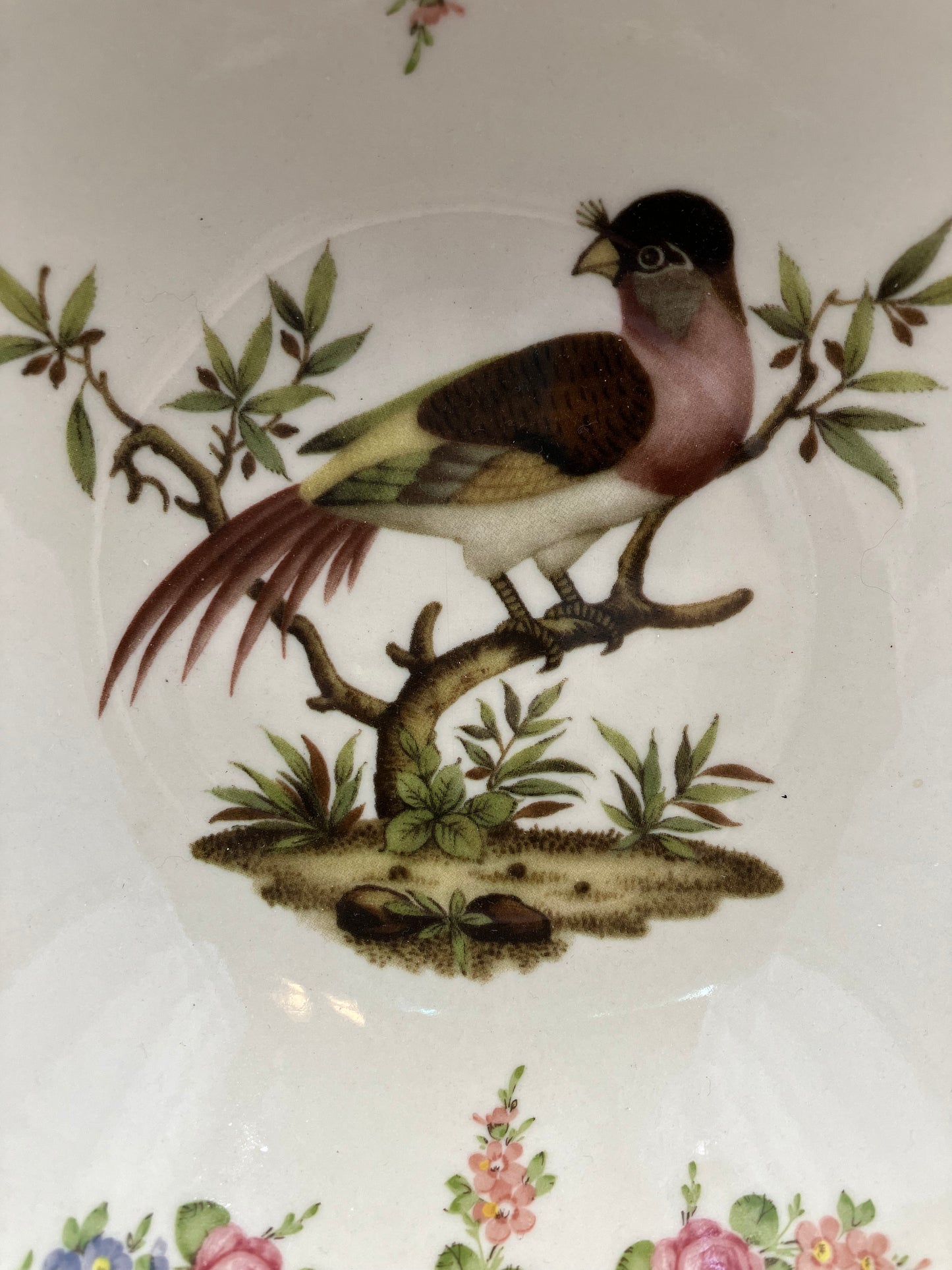 Vintage Floral Bird on a Branch Ornate Shallow Dish Made in Italy by Antiche Riproduzioni