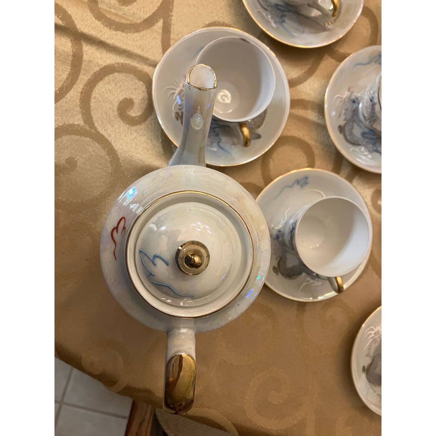 Vintage Moriage Dragonware Tea Set Lusterware with Blue Eyed Dragon - 17 Pieces