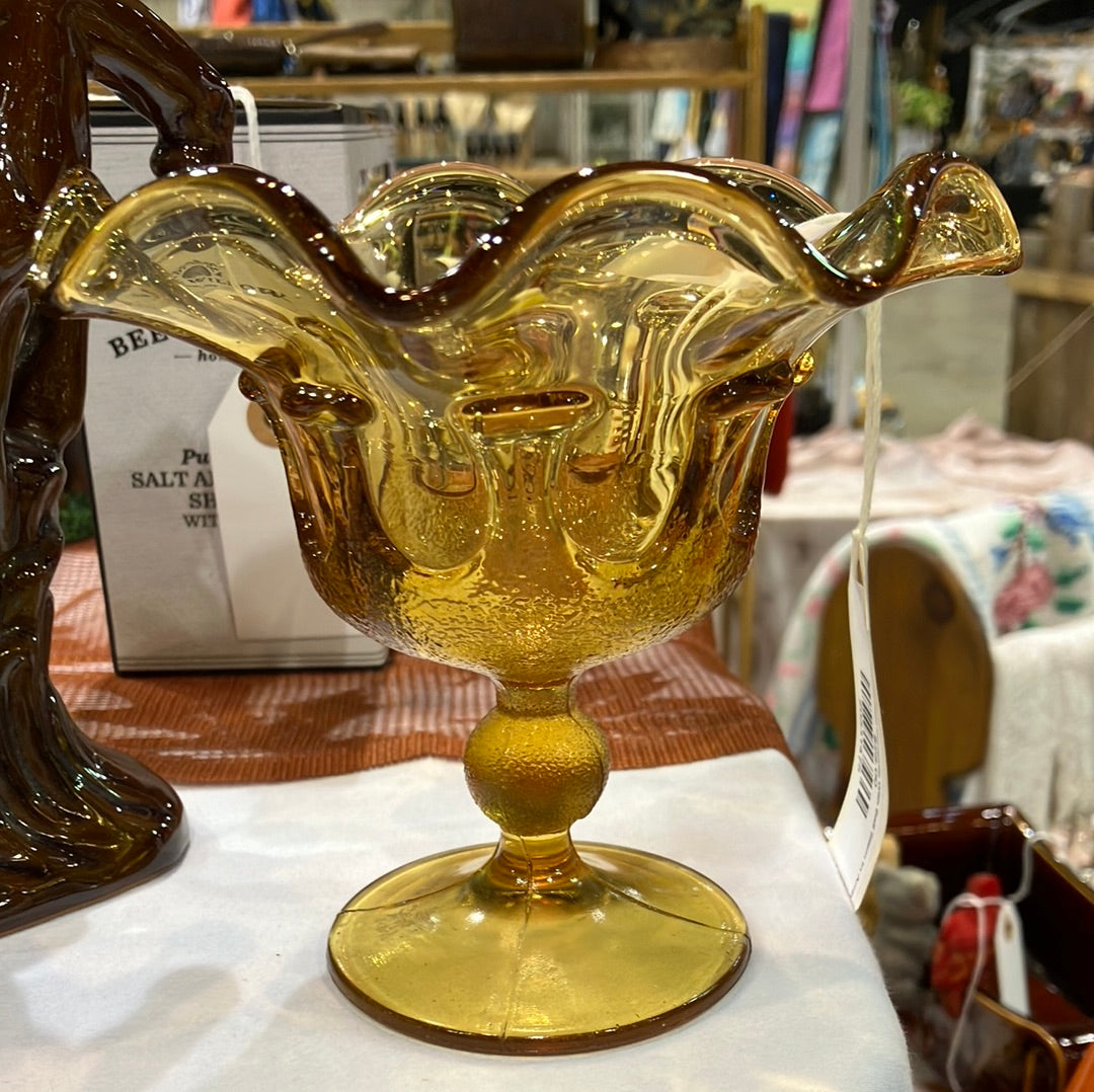 Viking Honey Vintage MCM 1967 Double Layered Edge Crown Candy Dish Amber