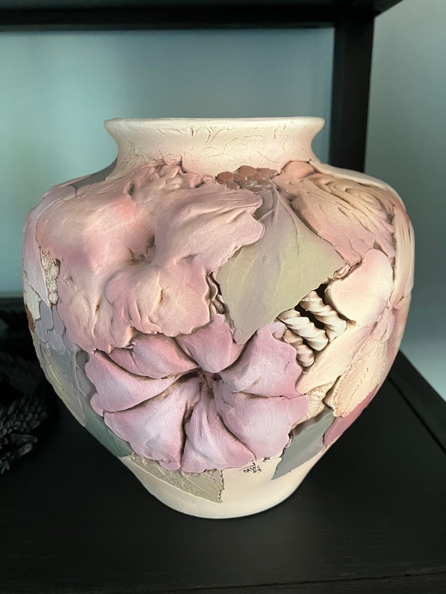 Original Art Clay Vessel Signed by Artist John Davis 8” x 8” Sculpted Inlaid Florals.