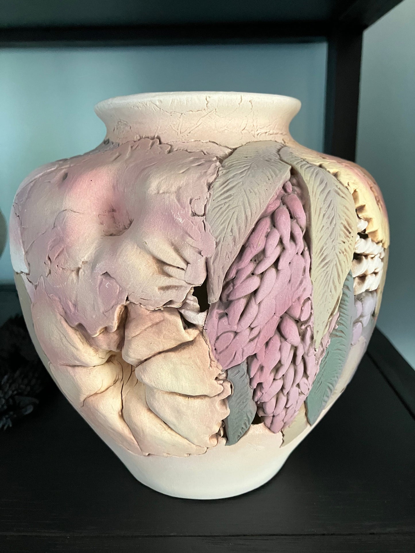 Original Art Clay Vessel Signed by Artist John Davis 8” x 8” Sculpted Inlaid Florals.