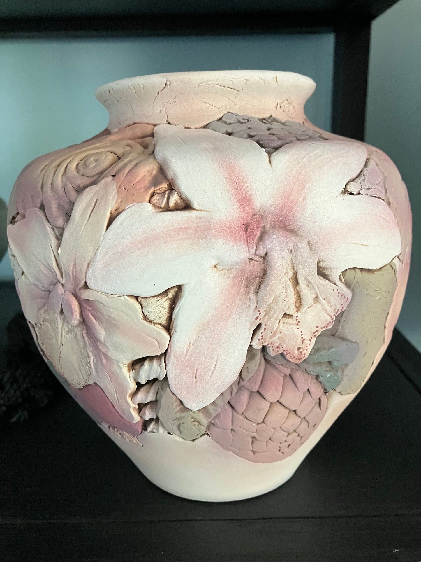 Original Art Clay Vessel Signed by Artist John Davis 8” x 8” Sculpted Inlaid Florals.