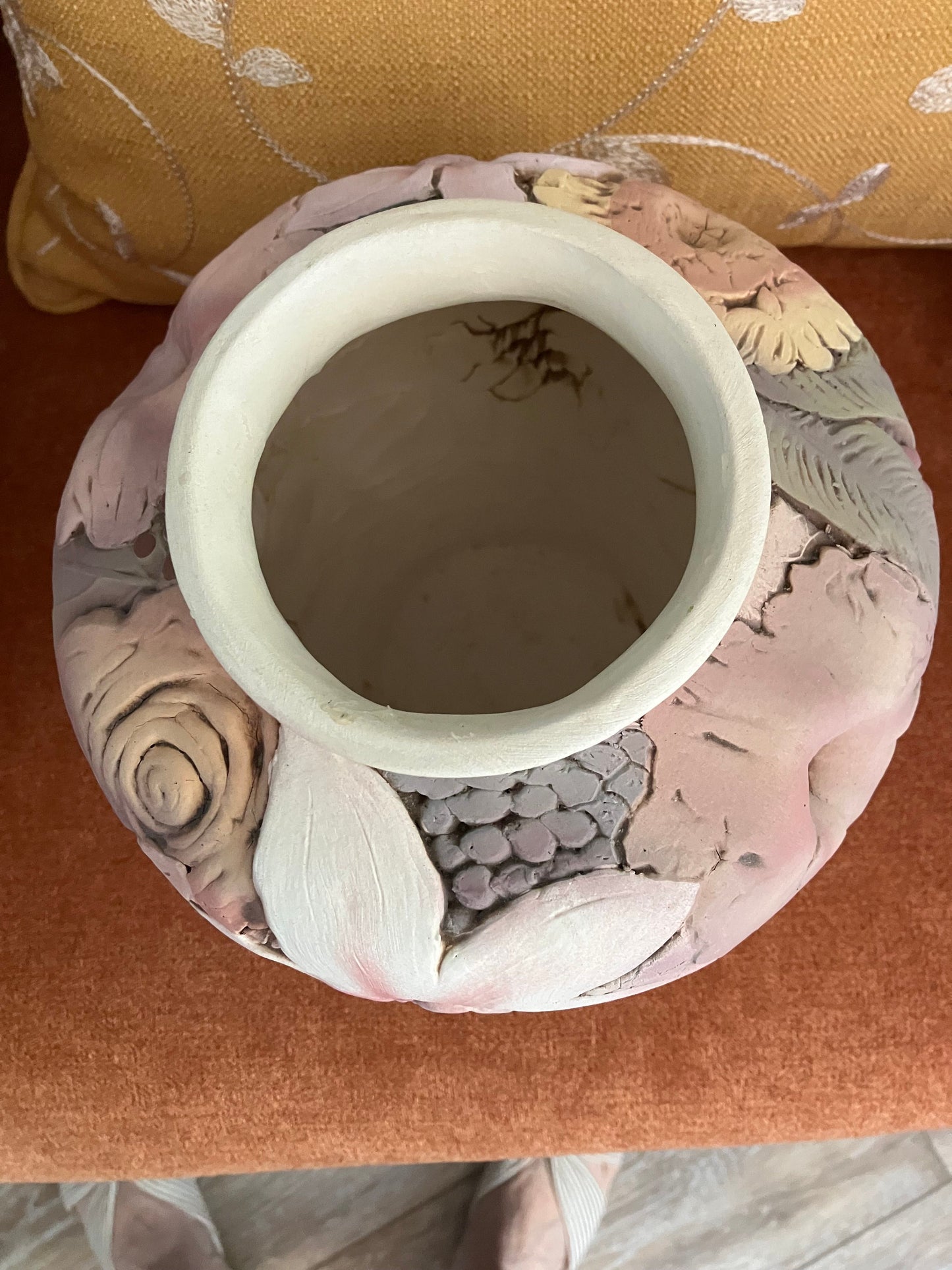 Original Art Clay Vessel Signed by Artist John Davis 8” x 8” Sculpted Inlaid Florals.