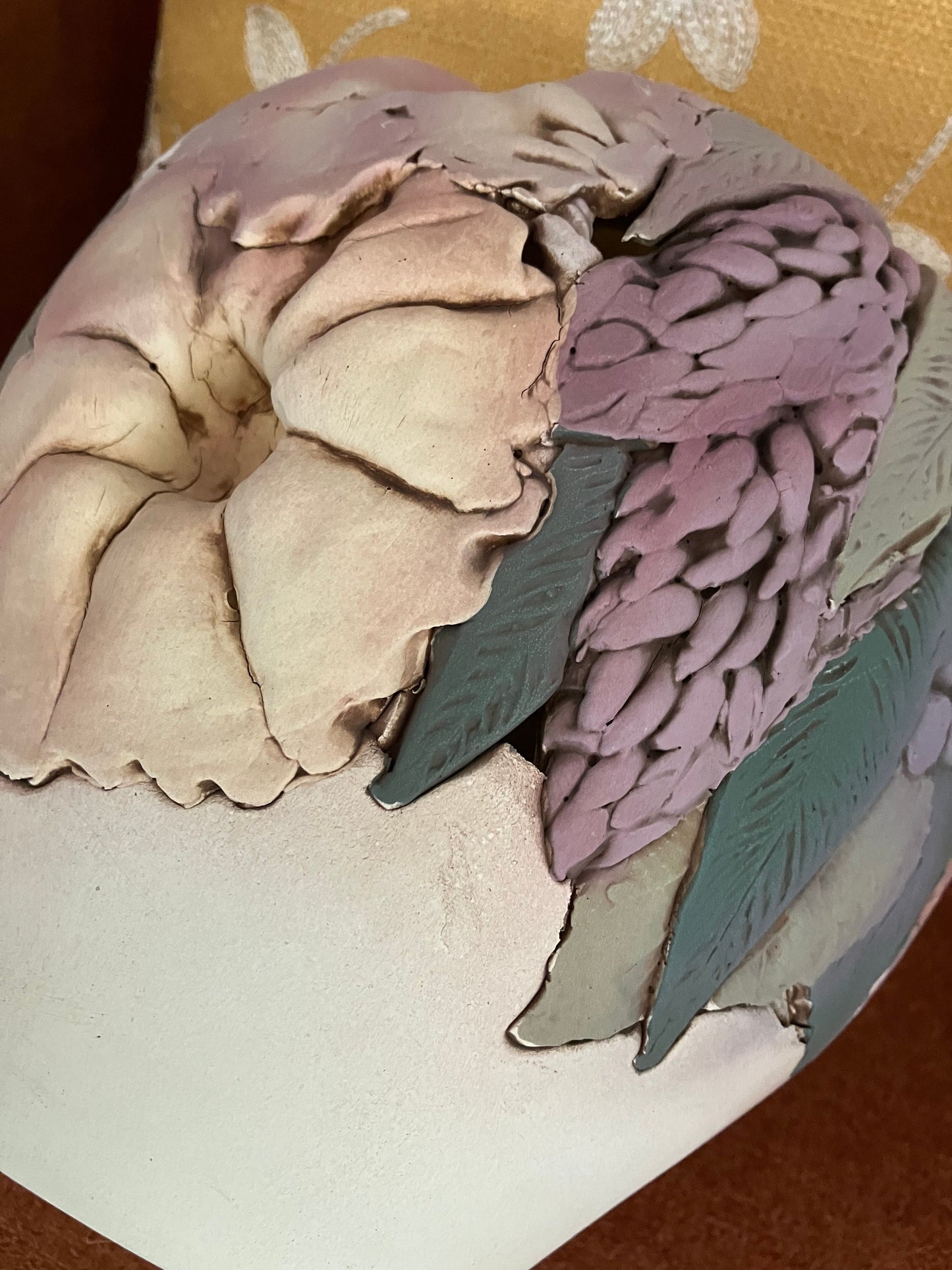 Original Art Clay Vessel Signed by Artist John Davis 8” x 8” Sculpted Inlaid Florals.