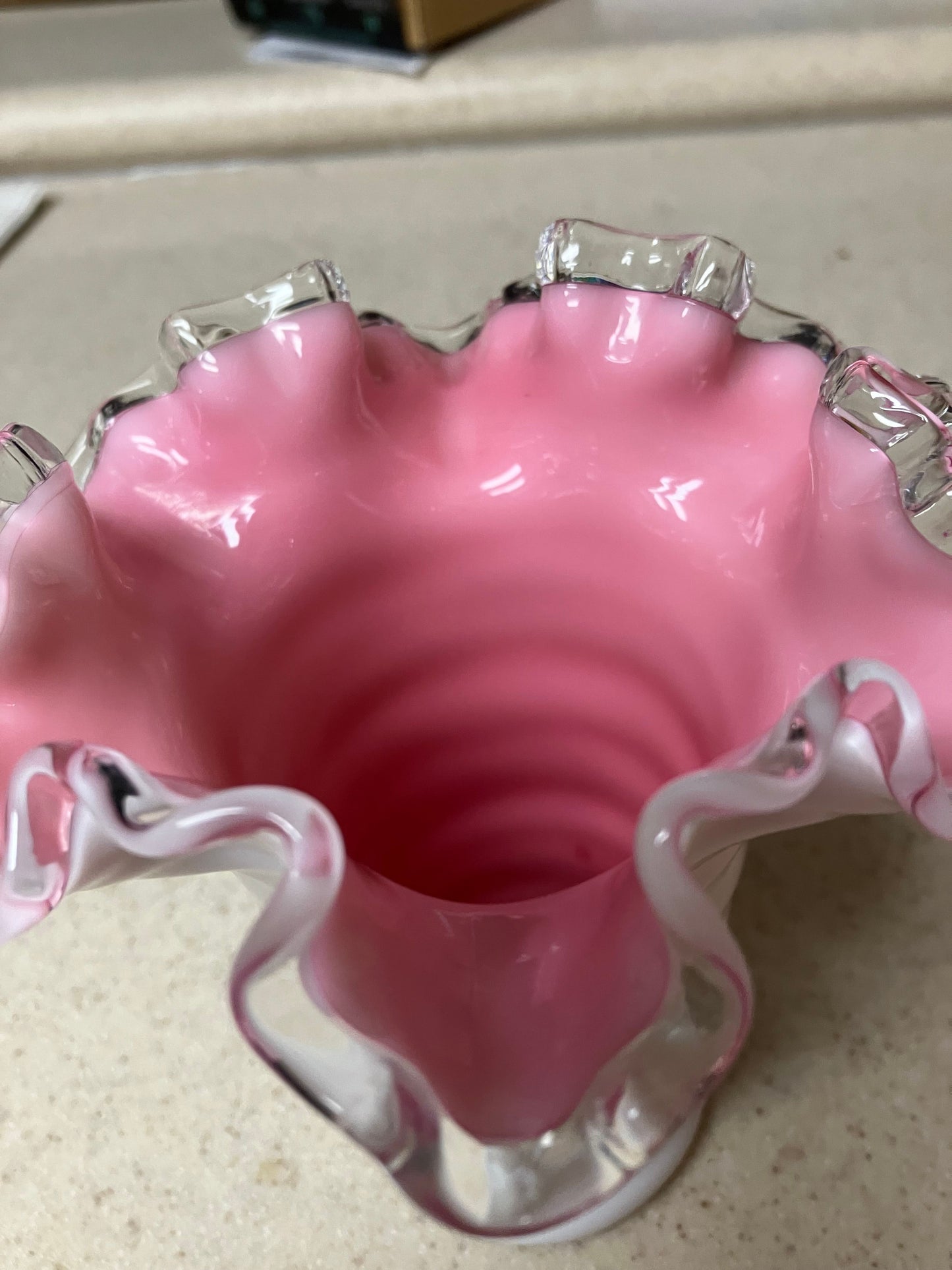 Vintage FENTON Peach Crest Ruffled Vase; 5 Inch White Ribbed Vase With Pink Interior and Clear Ruffle