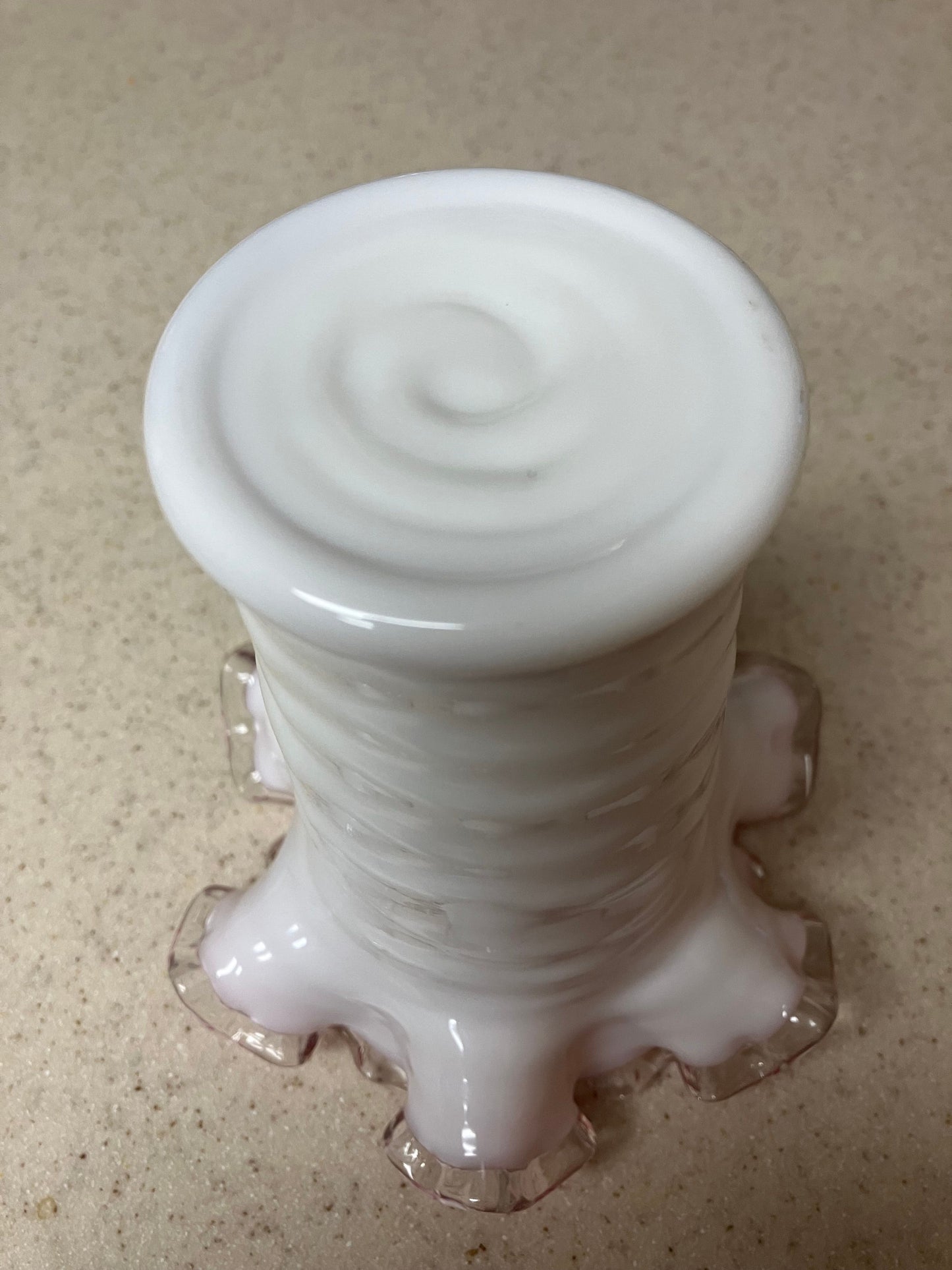 Vintage FENTON Peach Crest Ruffled Vase; 5 Inch White Ribbed Vase With Pink Interior and Clear Ruffle