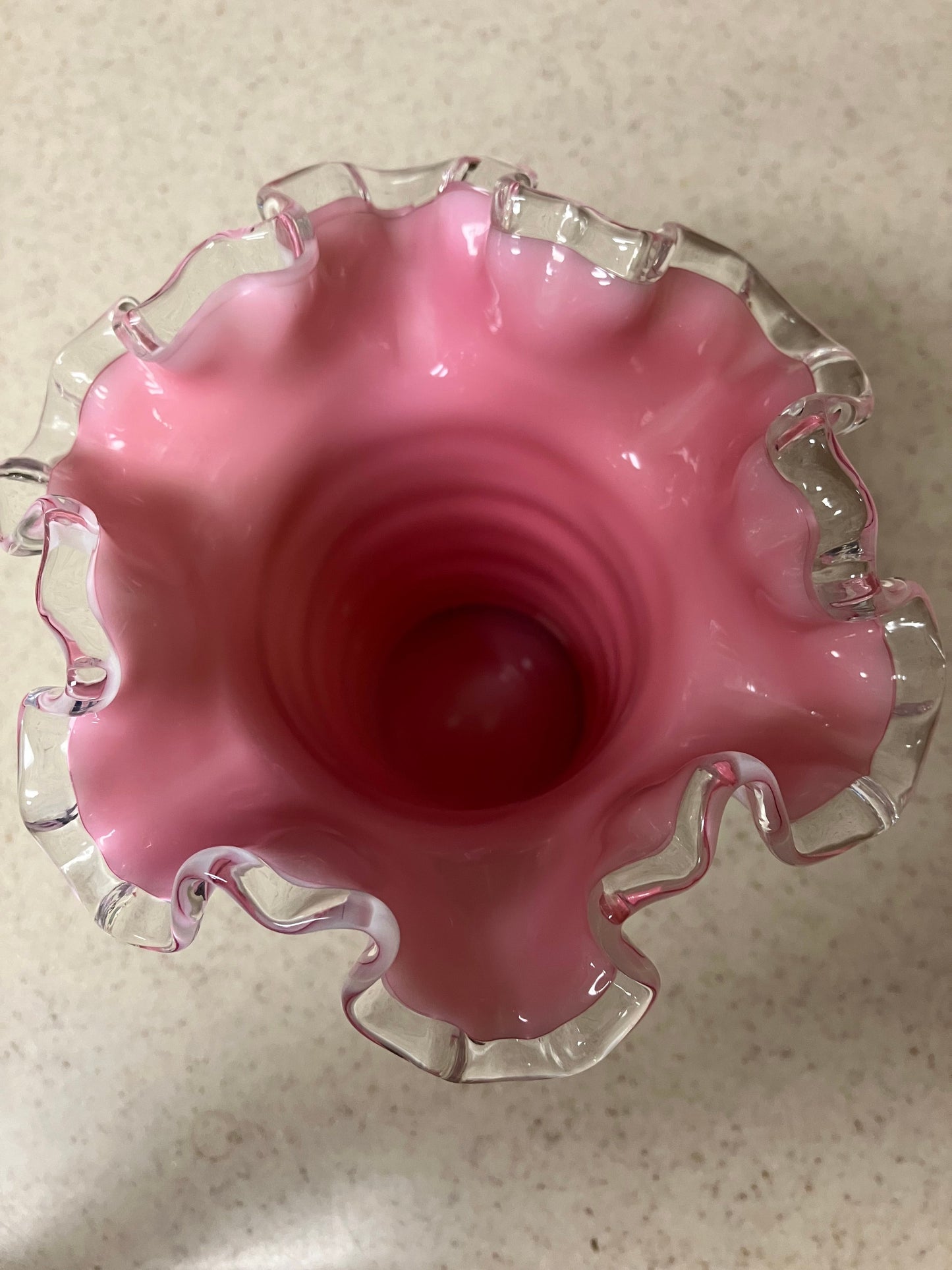 Vintage FENTON Peach Crest Ruffled Vase; 5 Inch White Ribbed Vase With Pink Interior and Clear Ruffle