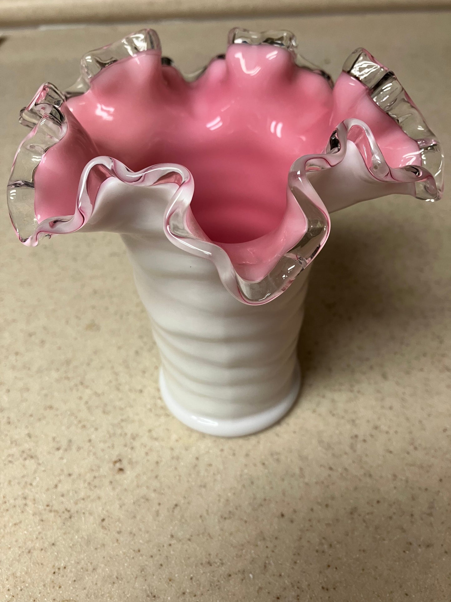 Vintage FENTON Peach Crest Ruffled Vase; 5 Inch White Ribbed Vase With Pink Interior and Clear Ruffle