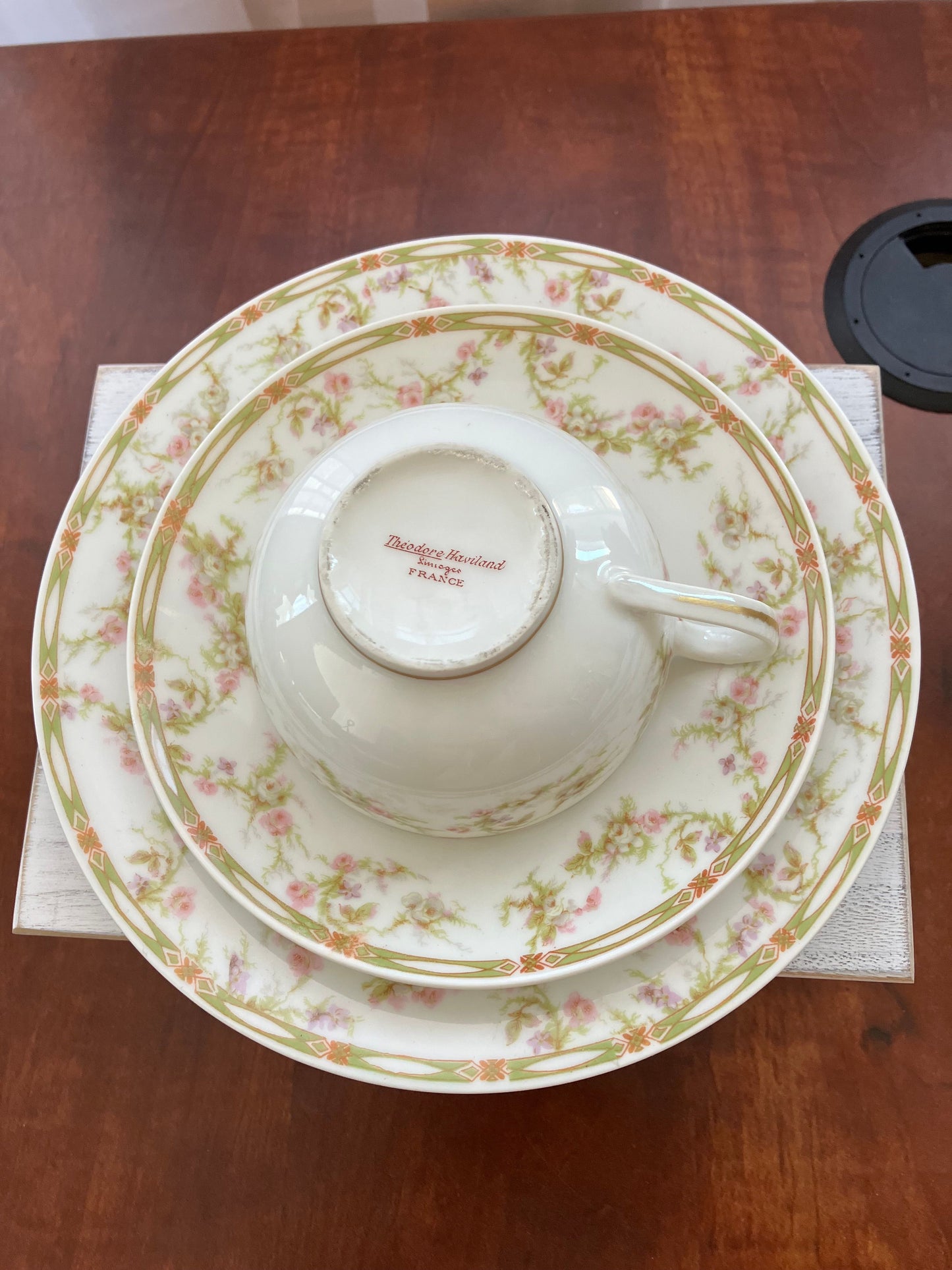 Rare Pattern Theodore Haviland Limoges 3 Piece Bone China Set, Schleiger 152A Pattern, Circa 1916