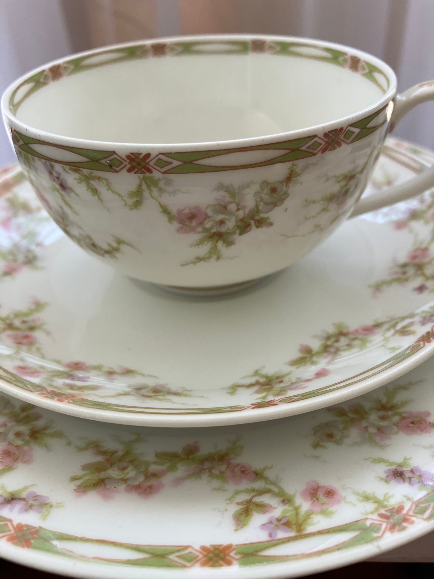 Rare Pattern Theodore Haviland Limoges 3 Piece Bone China Set, Schleiger 152A Pattern, Circa 1916