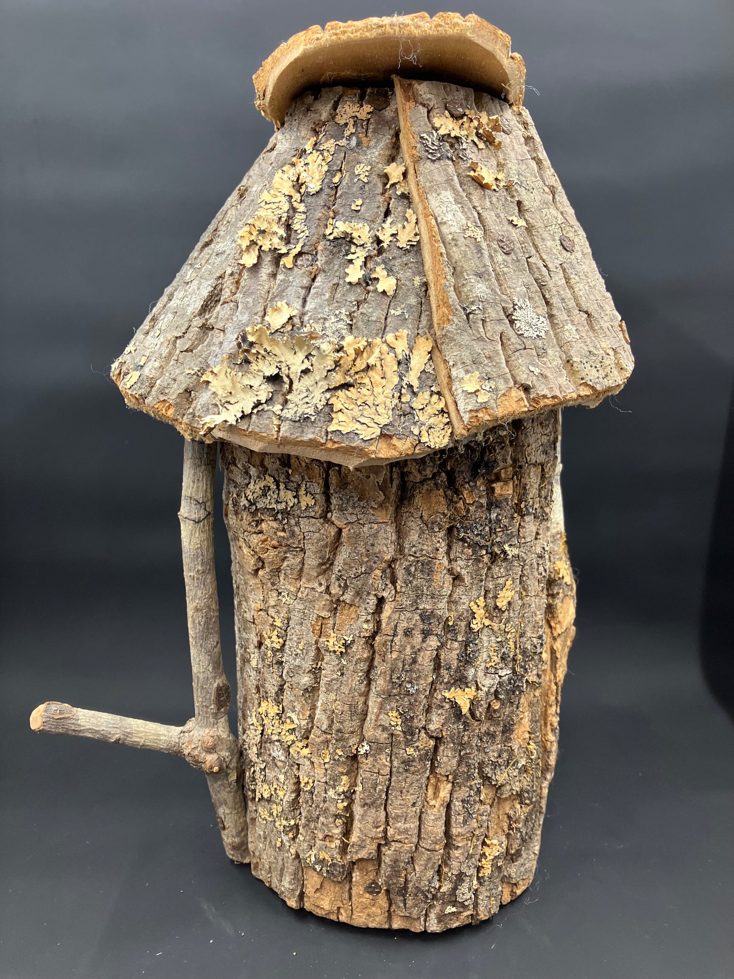Handmade Bark Birdhouse with Cardinal Figurine