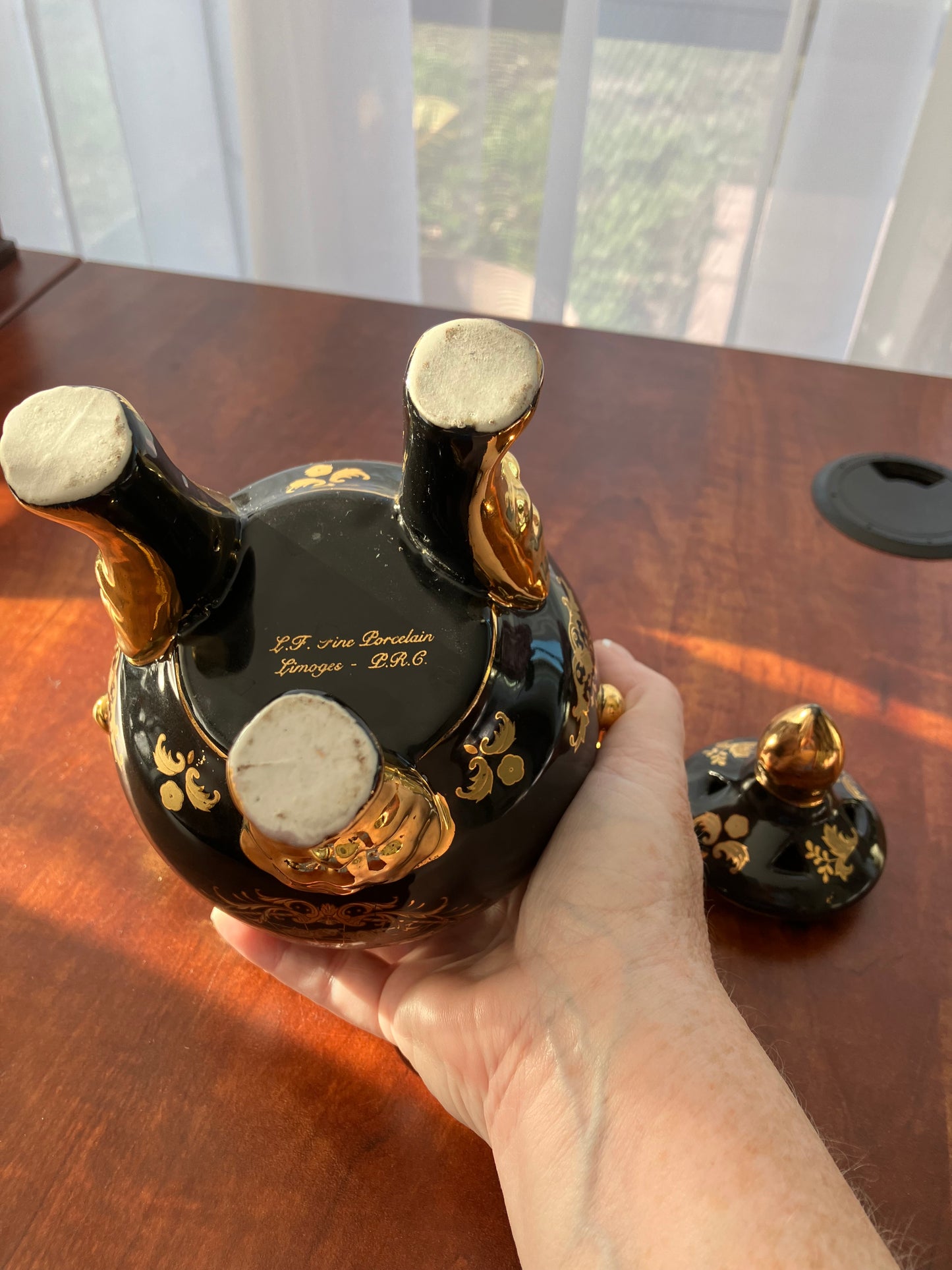 Vintage Limoges L.F. Fine Porcelain Ginger Jar Black and Gold Signed P.R.C.