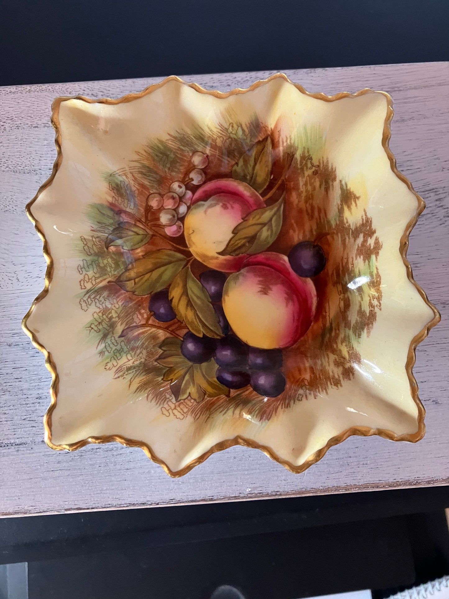 Vintage Orchard Gold by John Ansley Square Scalloped Edge Trinket Dish Signed by D Jones