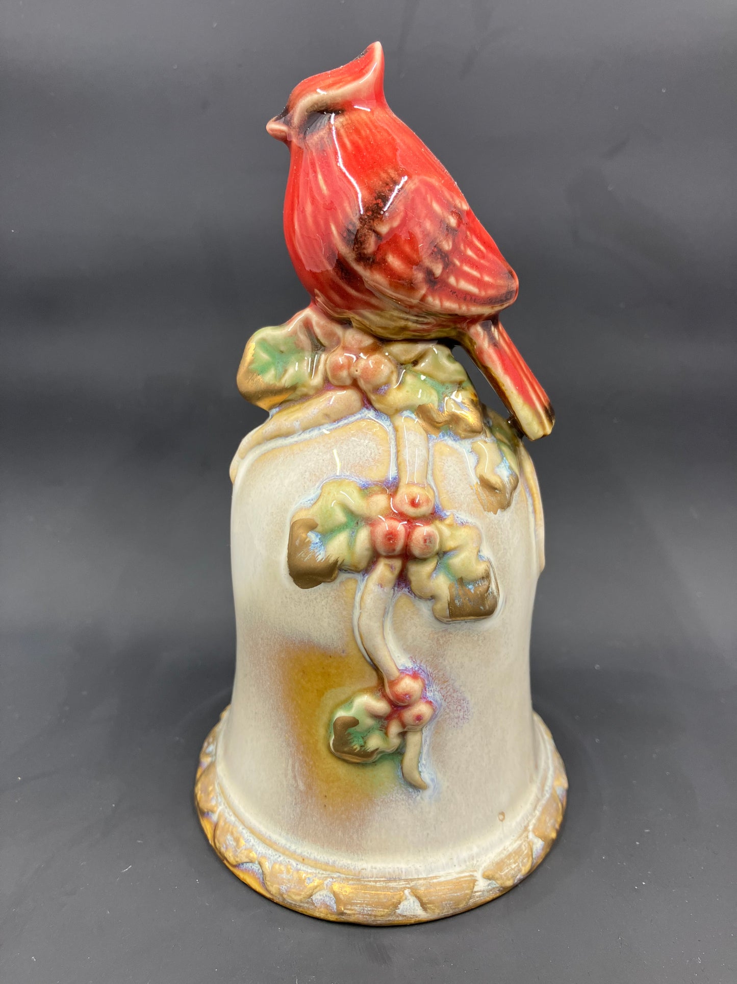 Majolica Ceramic Pottery Bell with Cardinal Red Bird on Top