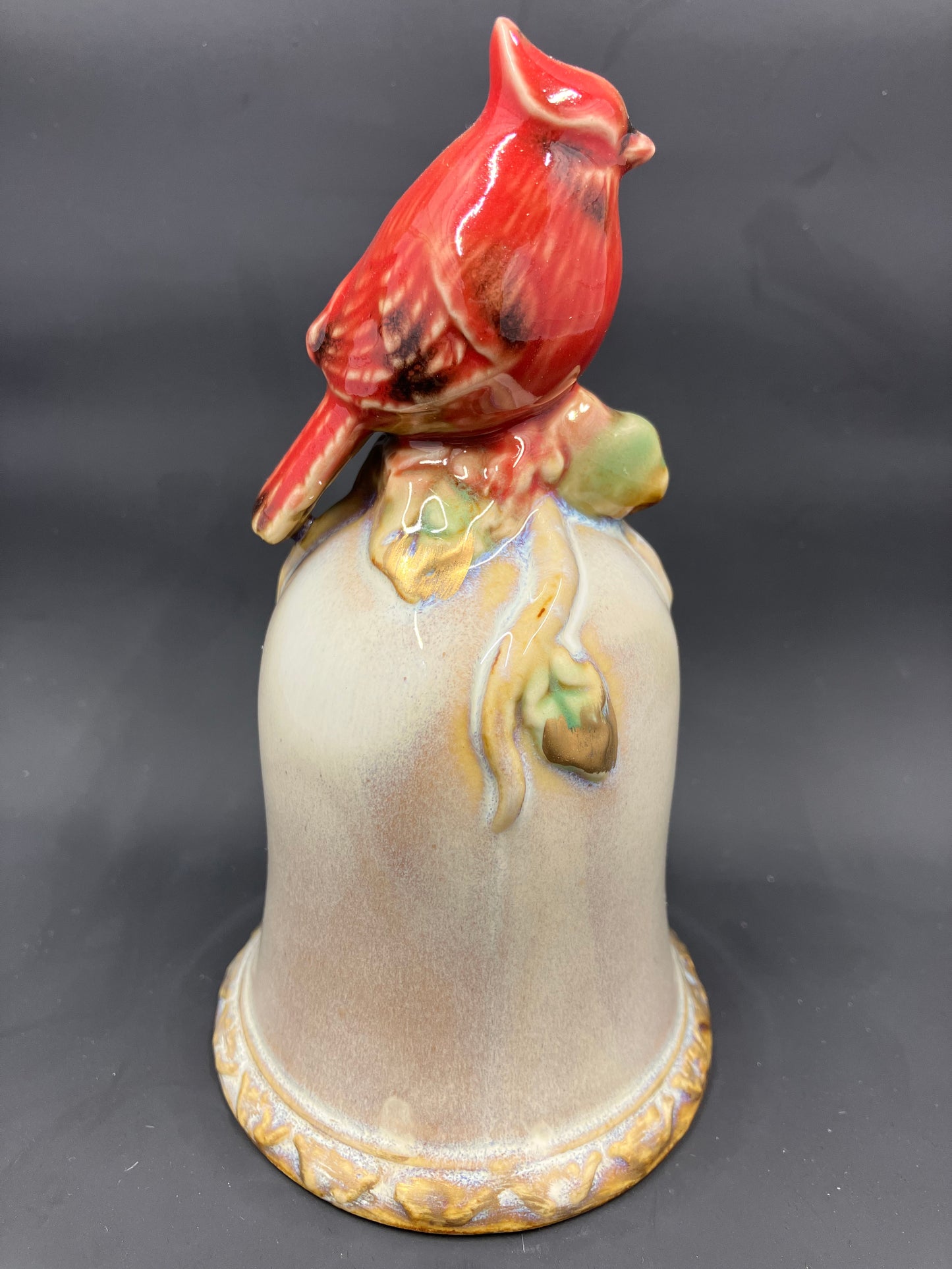 Majolica Ceramic Pottery Bell with Cardinal Red Bird on Top
