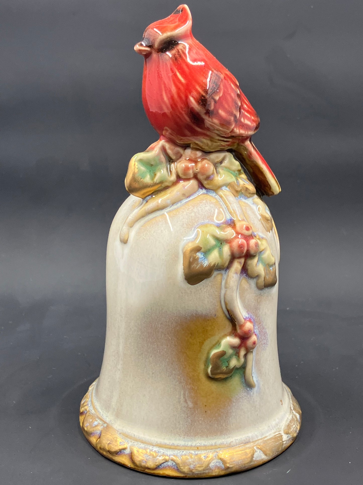 Majolica Ceramic Pottery Bell with Cardinal Red Bird on Top