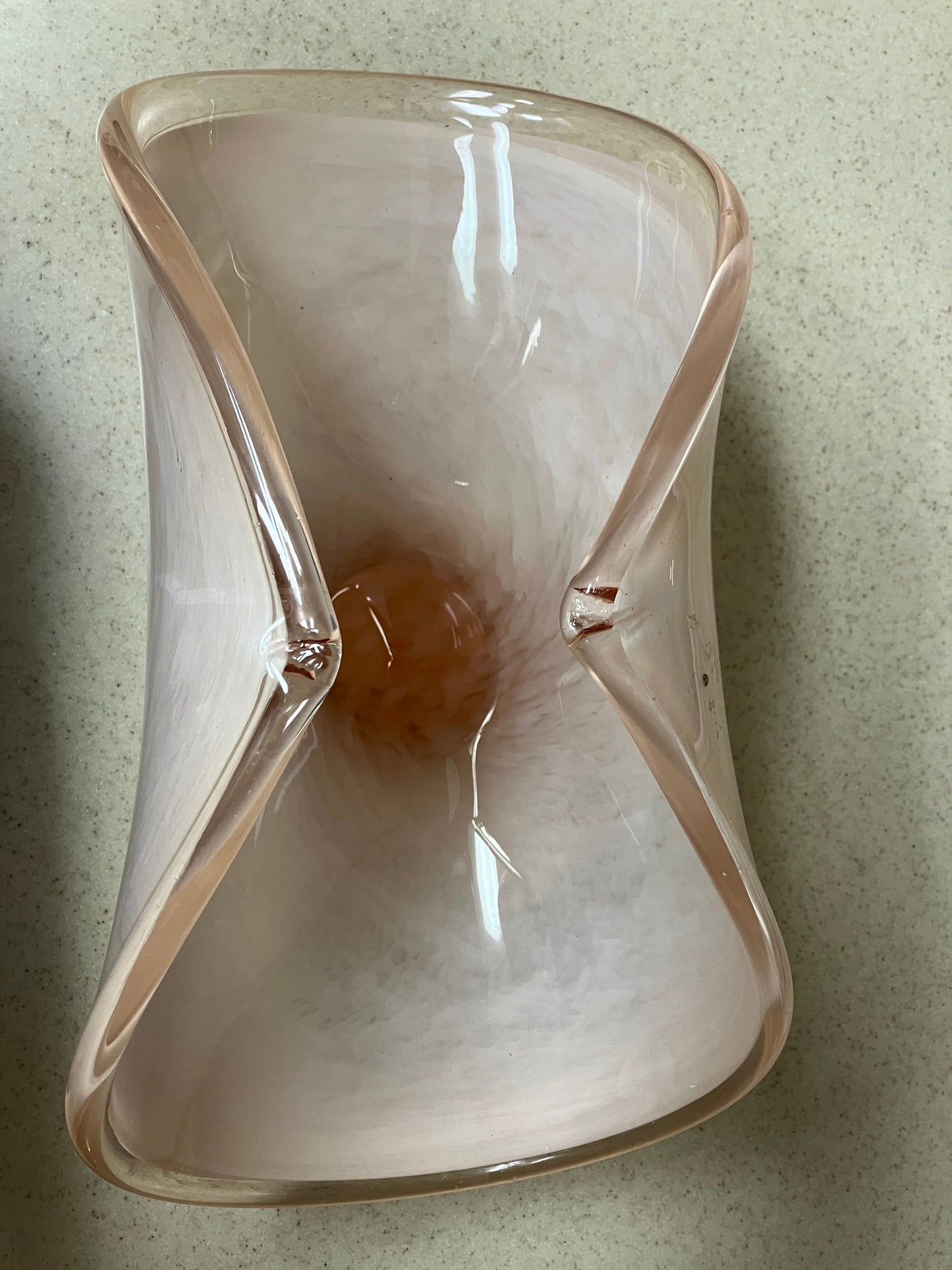 In the Style of Murano Pink Art Glass White Cristal Made in Italy. Centerpiece console folded bowl