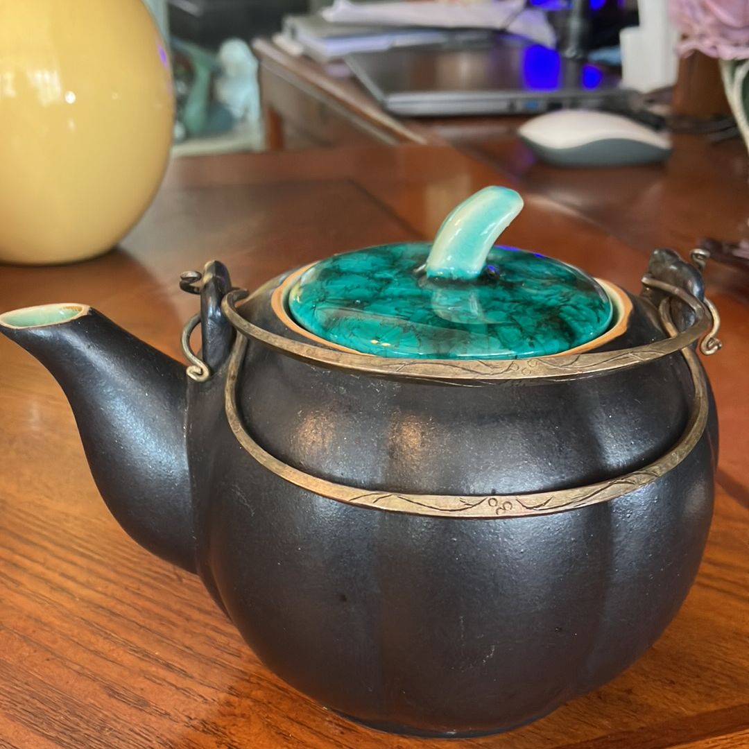 Teal and Black Small Pumpkin Shaped Teapot Brass Handles