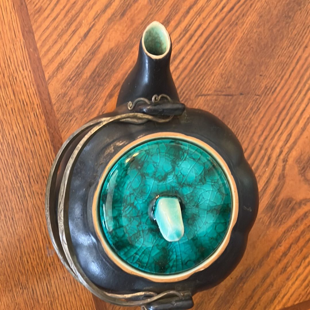 Teal and Black Small Pumpkin Shaped Teapot Brass Handles