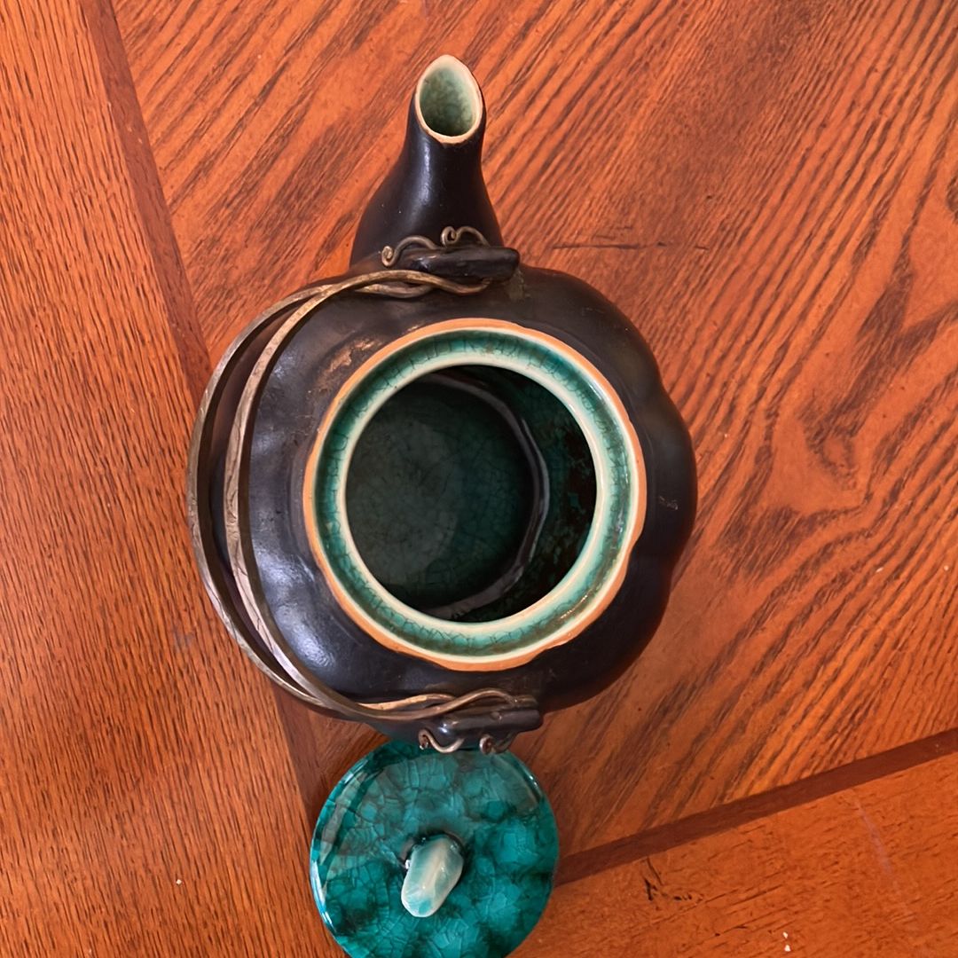 Teal and Black Small Pumpkin Shaped Teapot Brass Handles