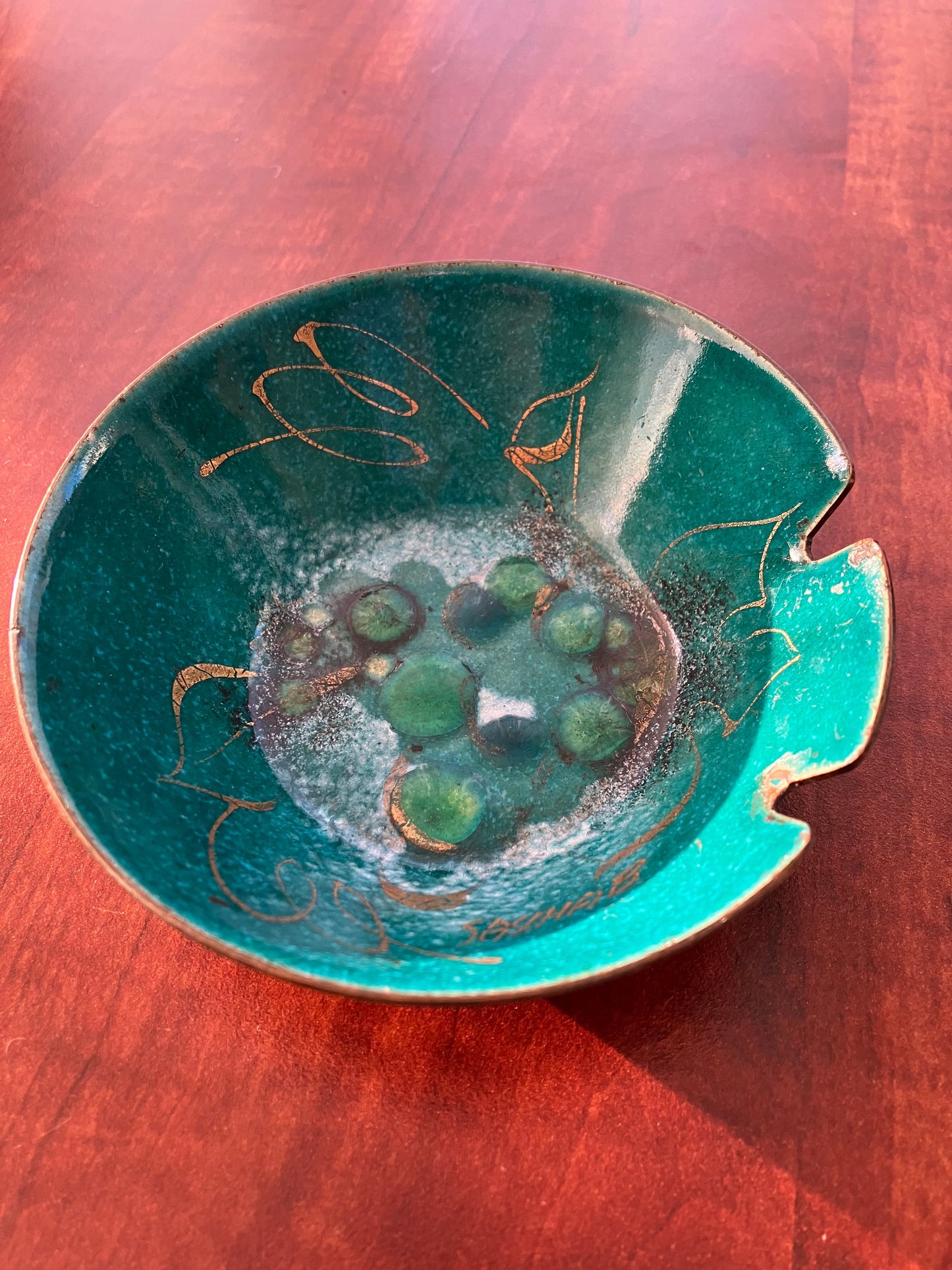 Sascha Brastoff Artisan-Signed Enamel on Copper Abstract Grapes Pattern Ashtray Circa 1946-1962