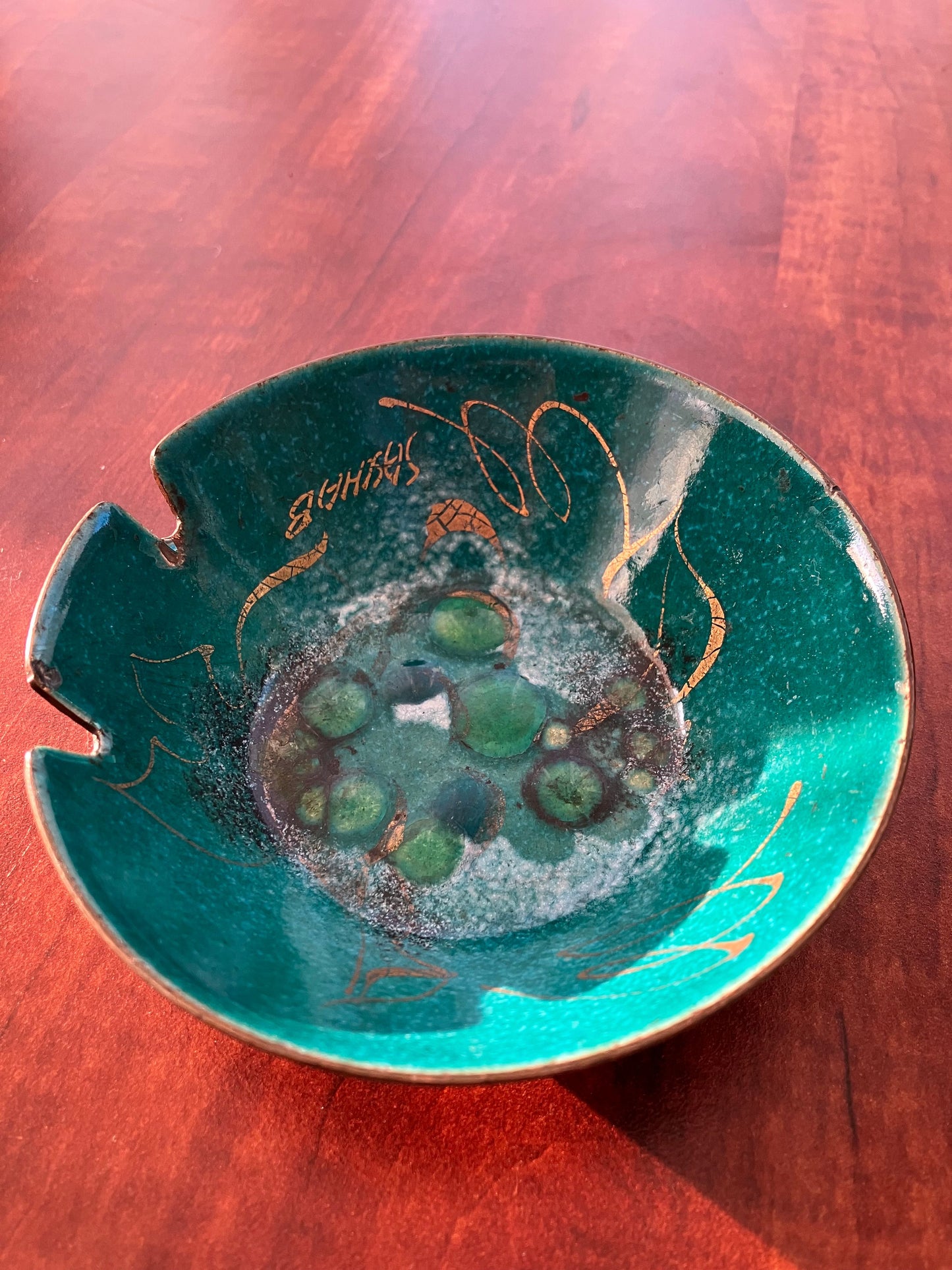 Sascha Brastoff Artisan-Signed Enamel on Copper Abstract Grapes Pattern Ashtray Circa 1946-1962