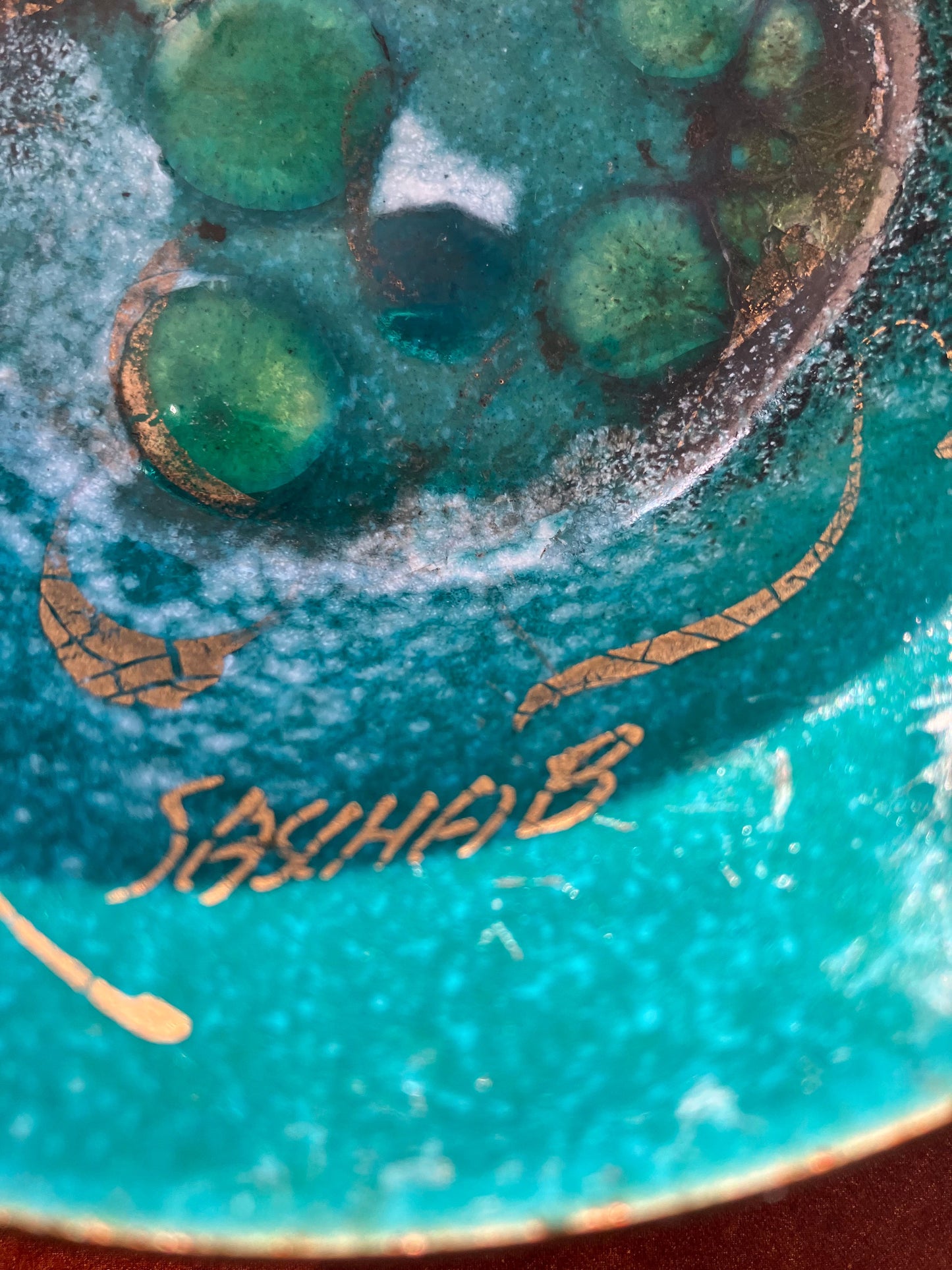Sascha Brastoff Artisan-Signed Enamel on Copper Abstract Grapes Pattern Ashtray Circa 1946-1962