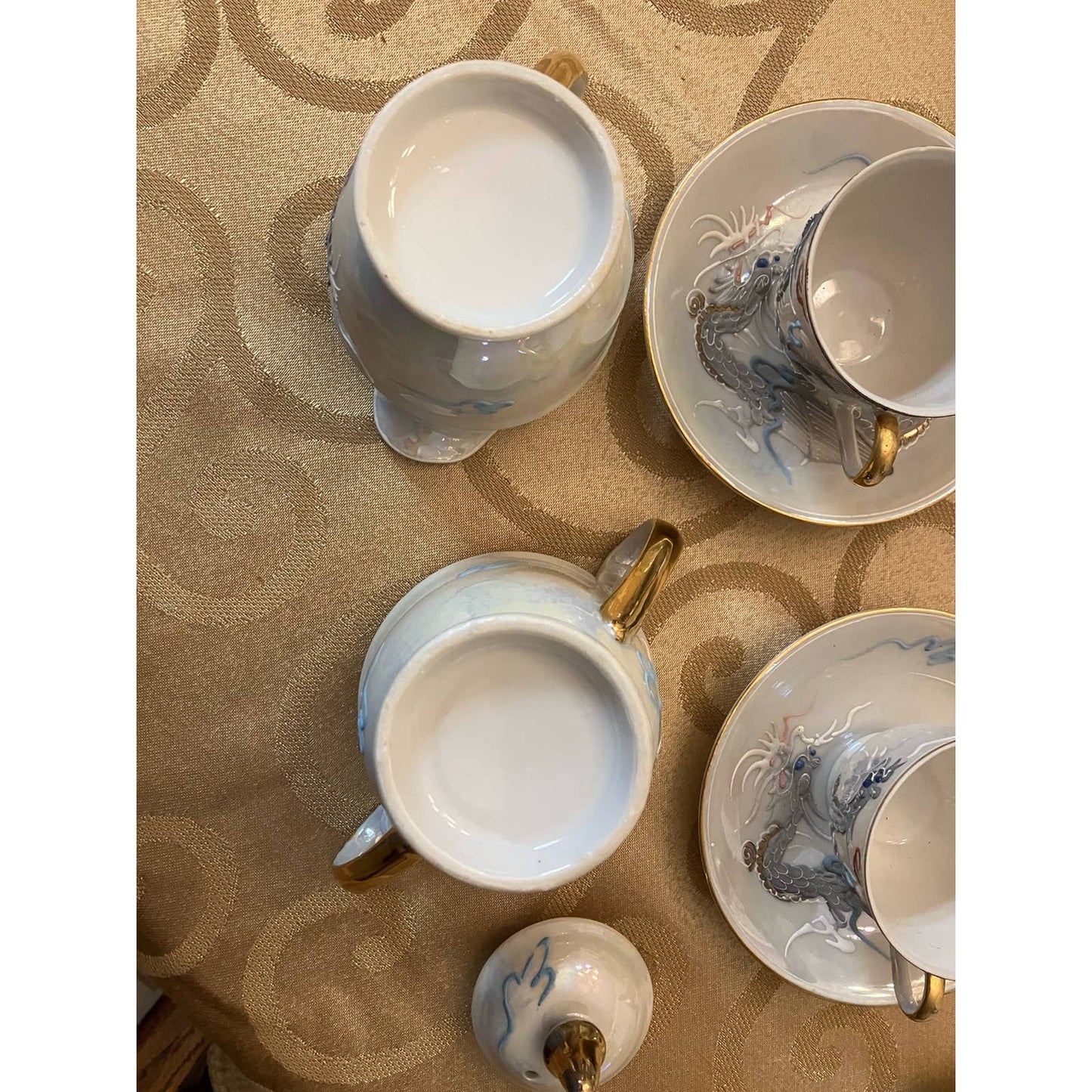 Vintage Moriage Dragonware Tea Set Lusterware with Blue Eyed Dragon - 17 Pieces