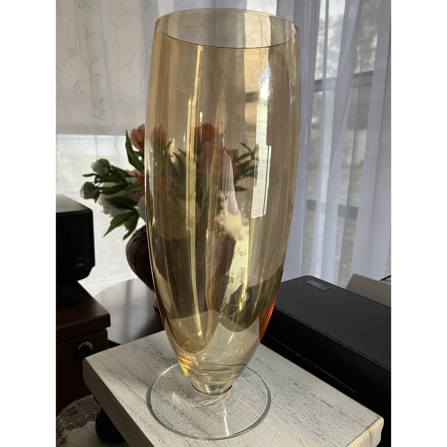 Vtg Empoli Italian Amber Iridescent Blown Glass Vase Footed MCM Mid Century 10"