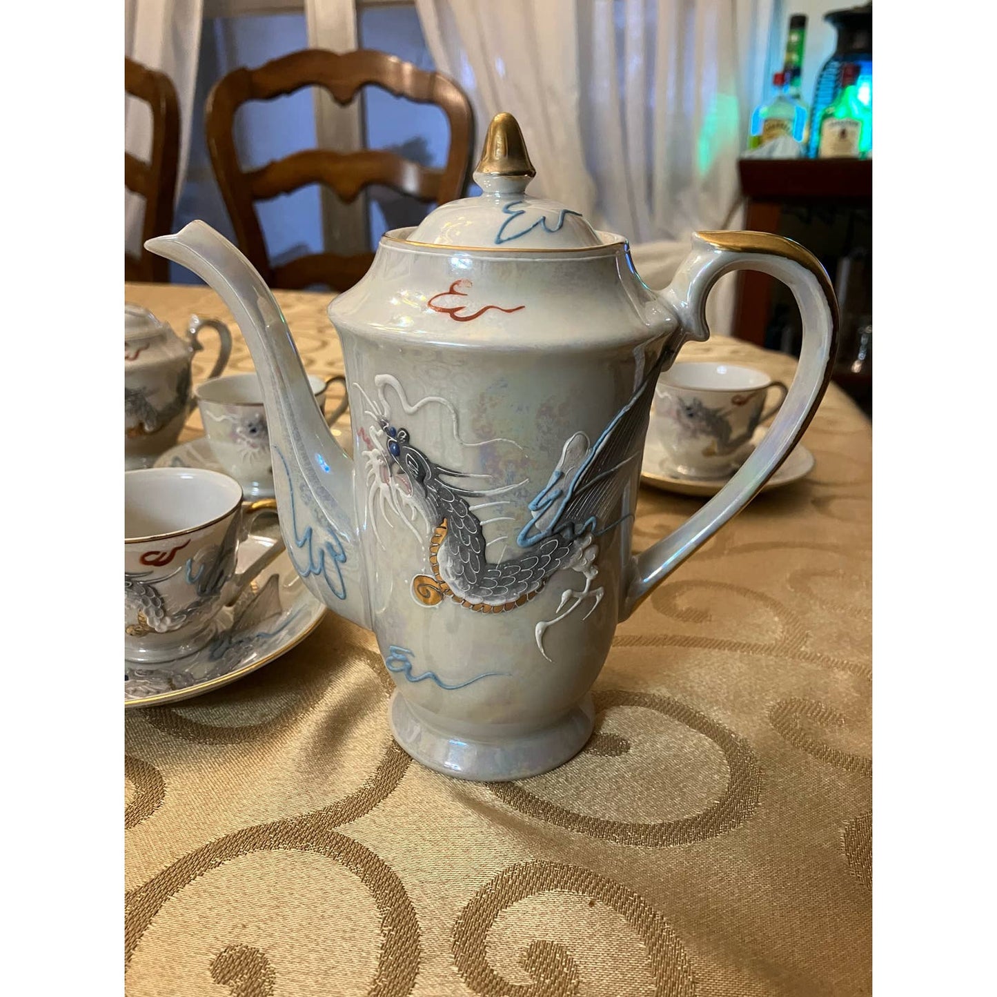 Vintage Moriage Dragonware Tea Set Lusterware with Blue Eyed Dragon - 17 Pieces