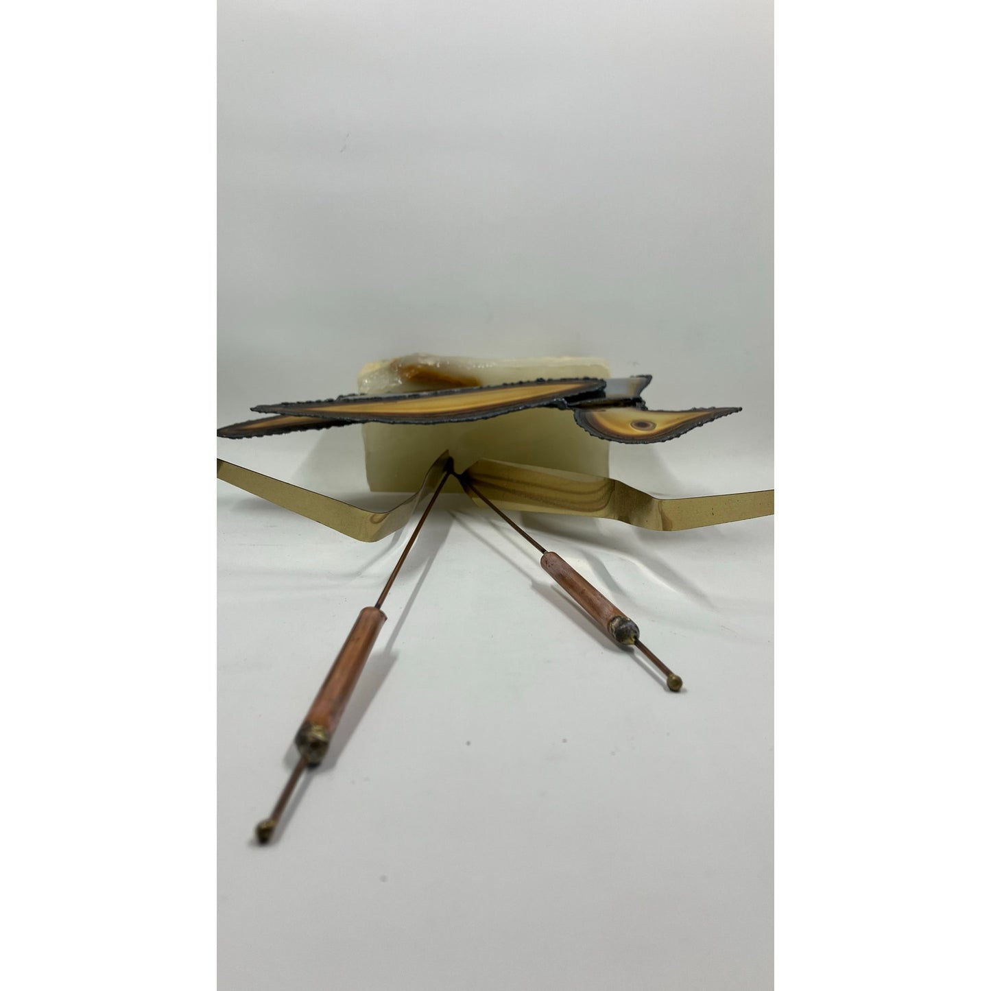 Brutalist Brass and Bronze Duck with Copper Cattails on Onyx Base Signed John DeMott