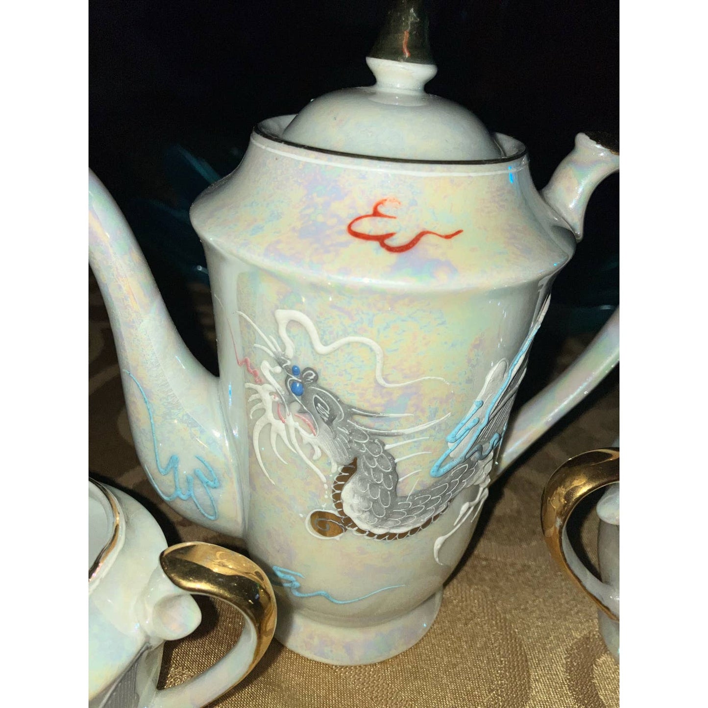 Vintage Moriage Dragonware Tea Set Lusterware with Blue Eyed Dragon - 17 Pieces