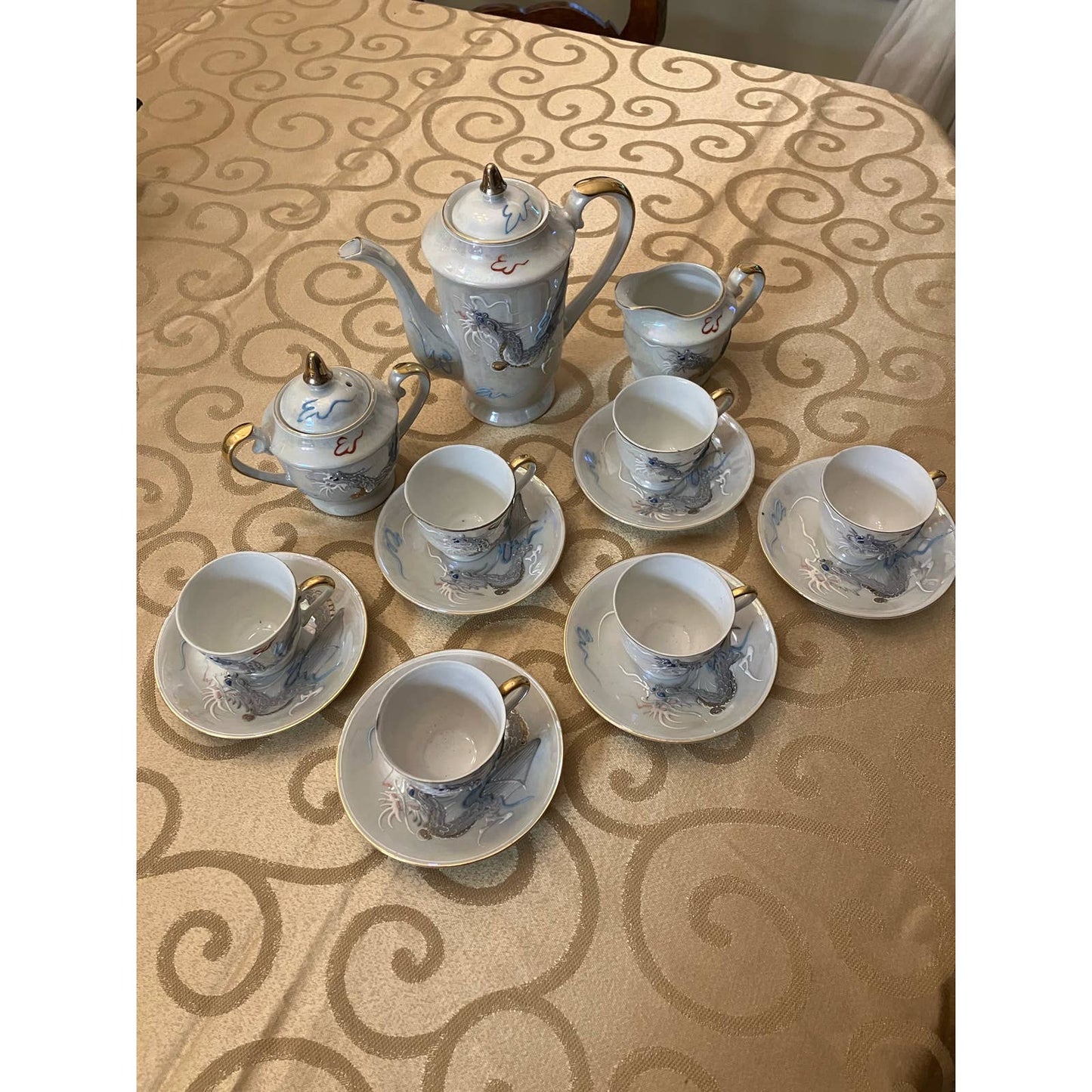 Vintage Moriage Dragonware Tea Set Lusterware with Blue Eyed Dragon - 17 Pieces