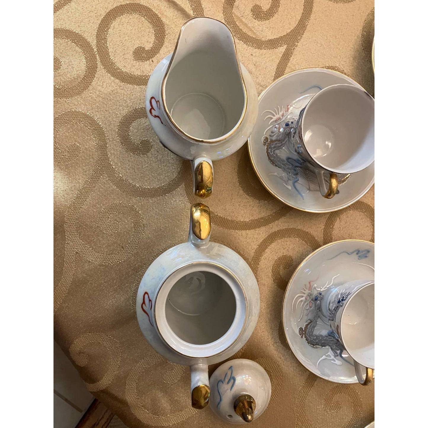 Vintage Moriage Dragonware Tea Set Lusterware with Blue Eyed Dragon - 17 Pieces