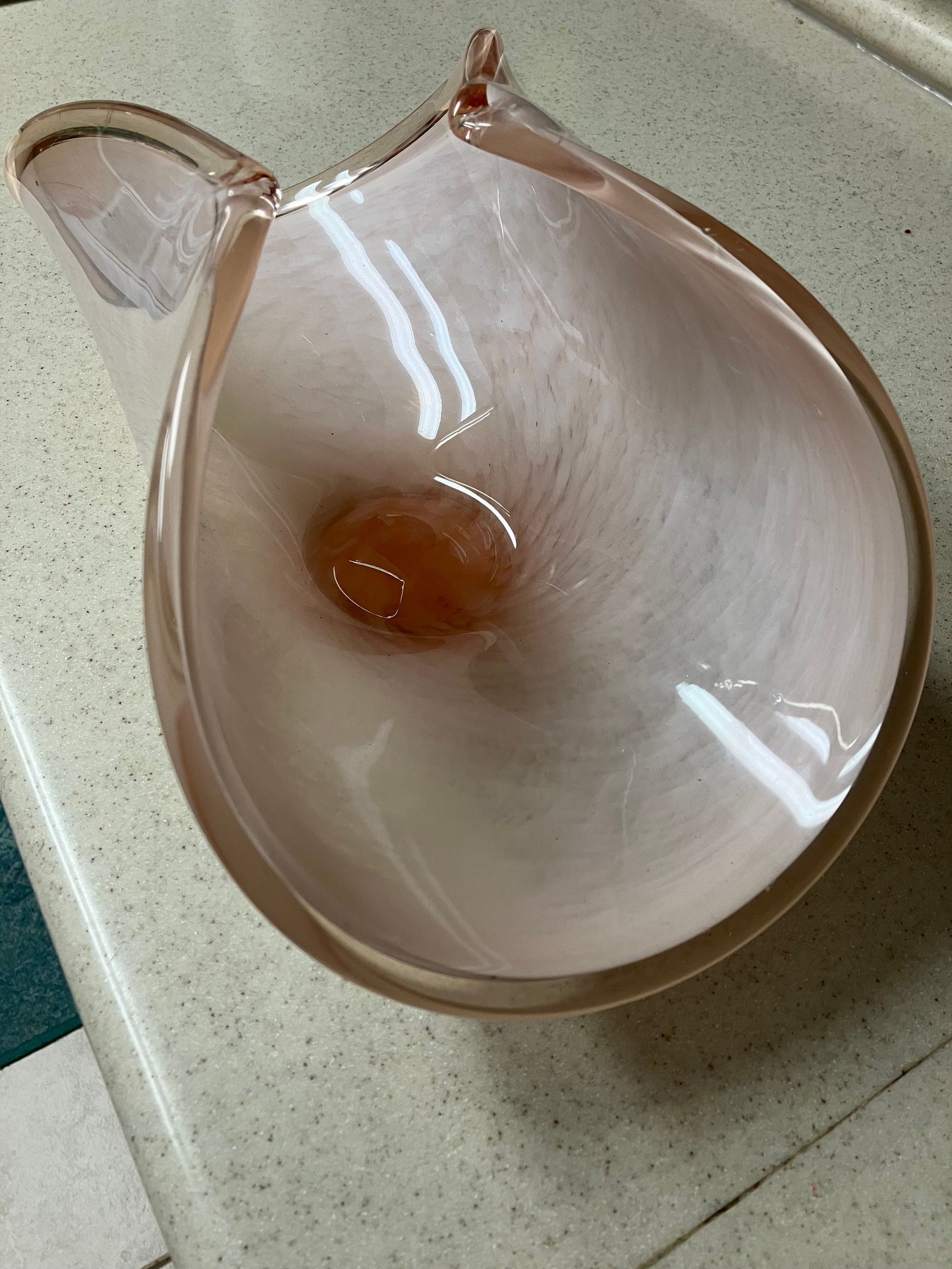 In the Style of Murano Pink Art Glass White Cristal Made in Italy. Centerpiece console folded bowl