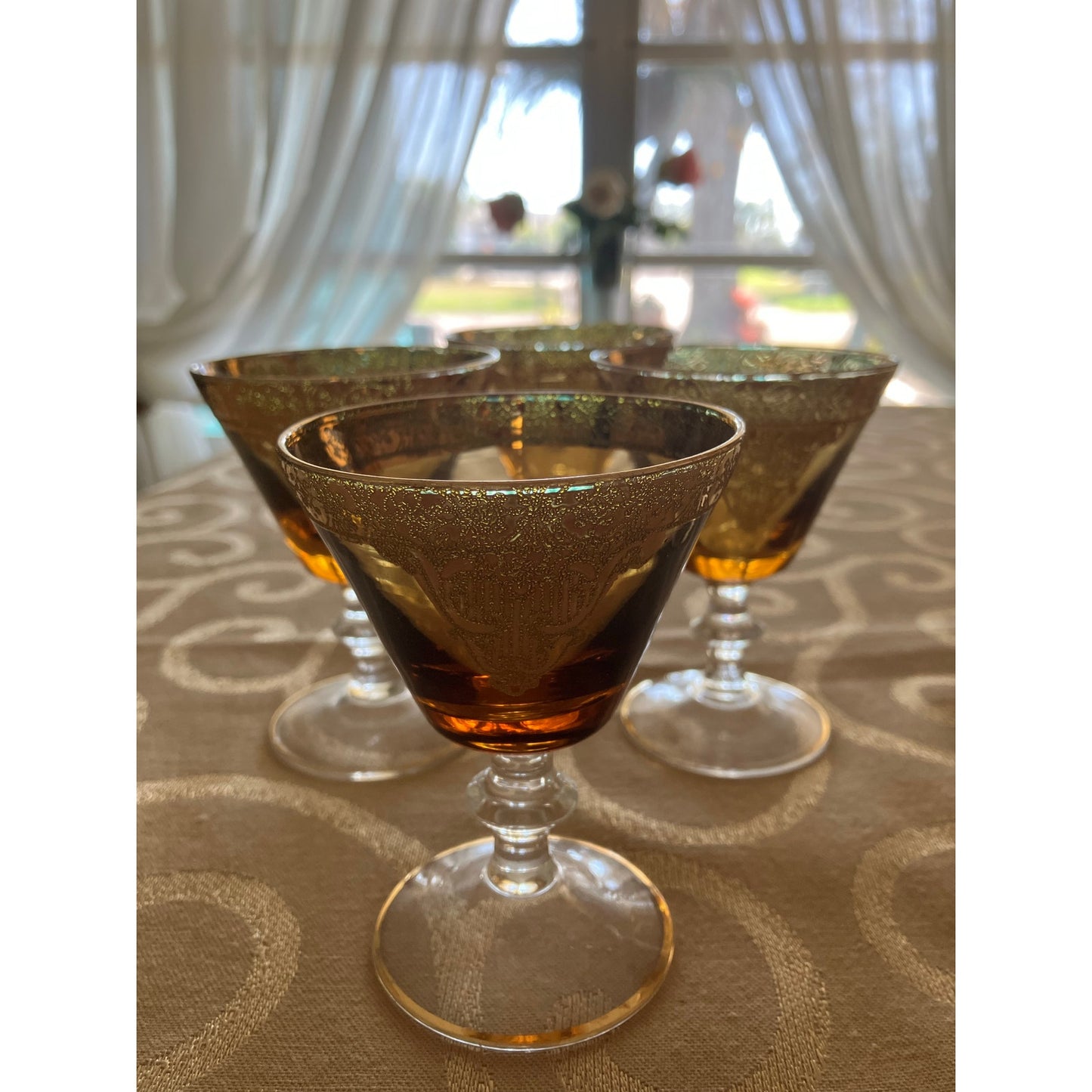 Murano Italian Blown Glass Sherry Decanter and Glasses Set Amber with Heavy Gold Overlay