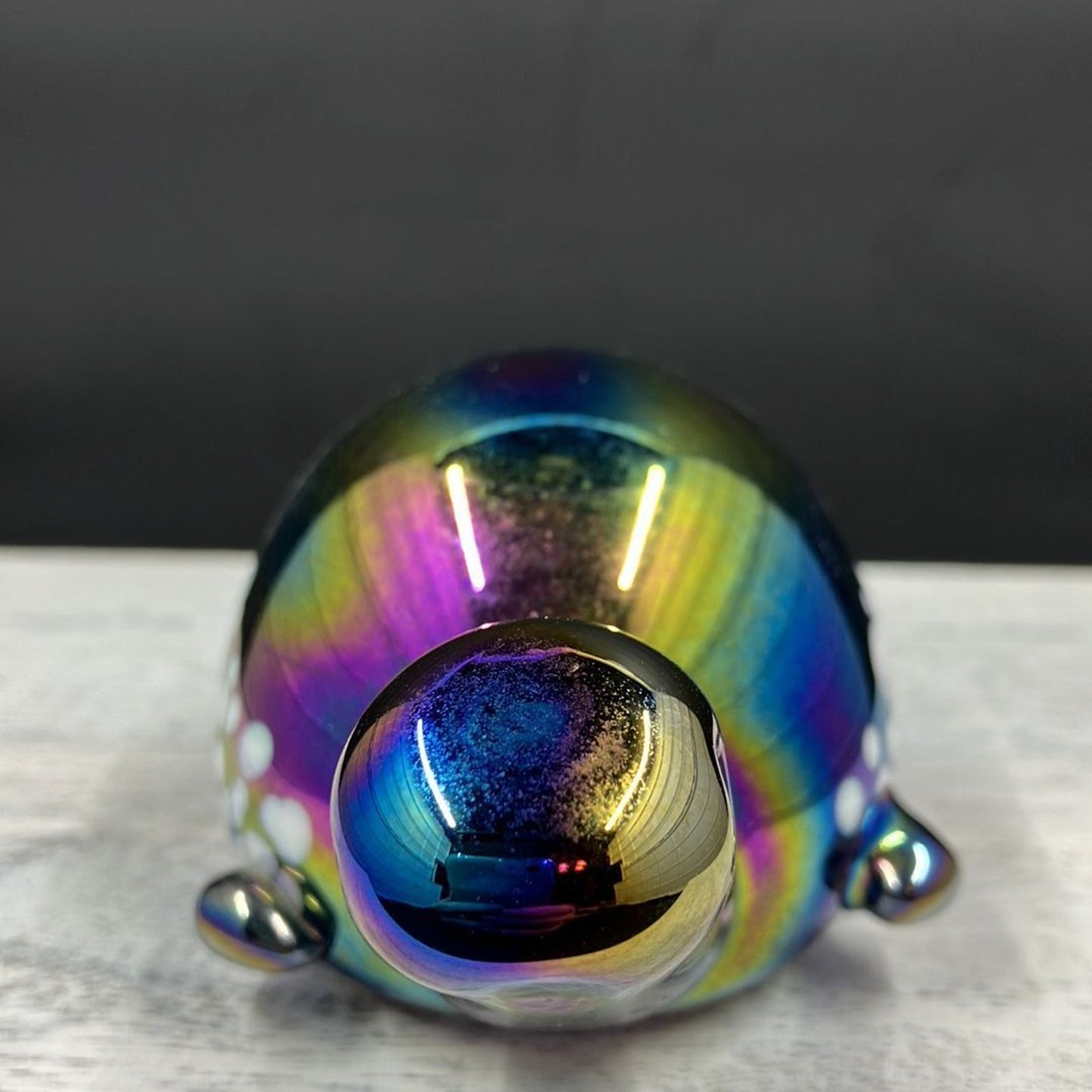 Vintage Hand Blown Iridescent Blue Carnival Glass Turtle Paperweight w/ Infused White Spots