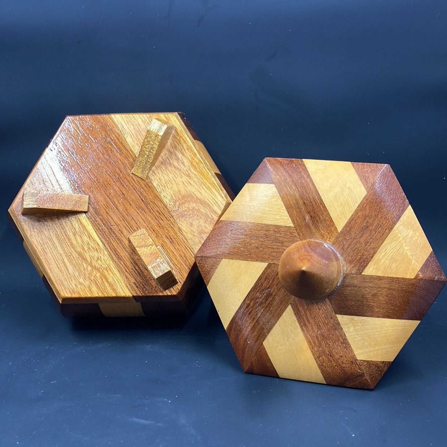 Vintage Marquetry Hexagonal Jewelry / Trinket Box, Artisan Wood Box, Marquetry Wood Design.
