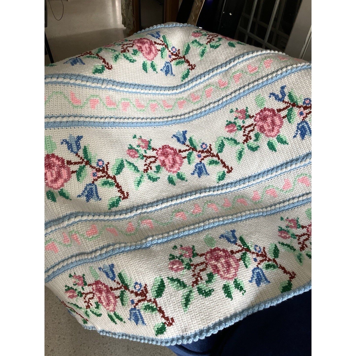 Handmade Tunisian Crochet Afghan Blanket Cross Stitch Floral Rose Theme, 57”x56”