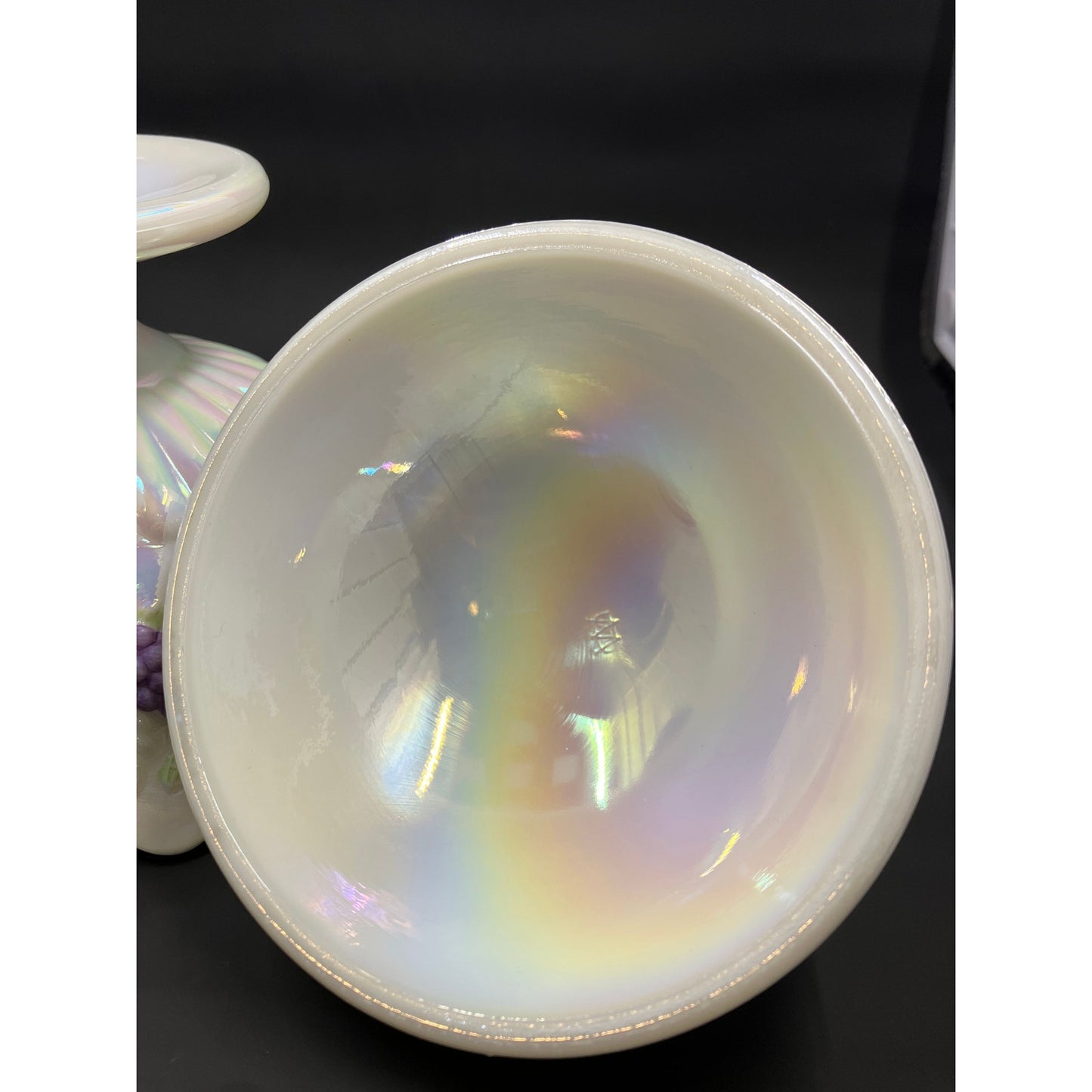 Westmoreland Iridescent Milk Glass Della Robbia Lidded Pedestal Candy Dish