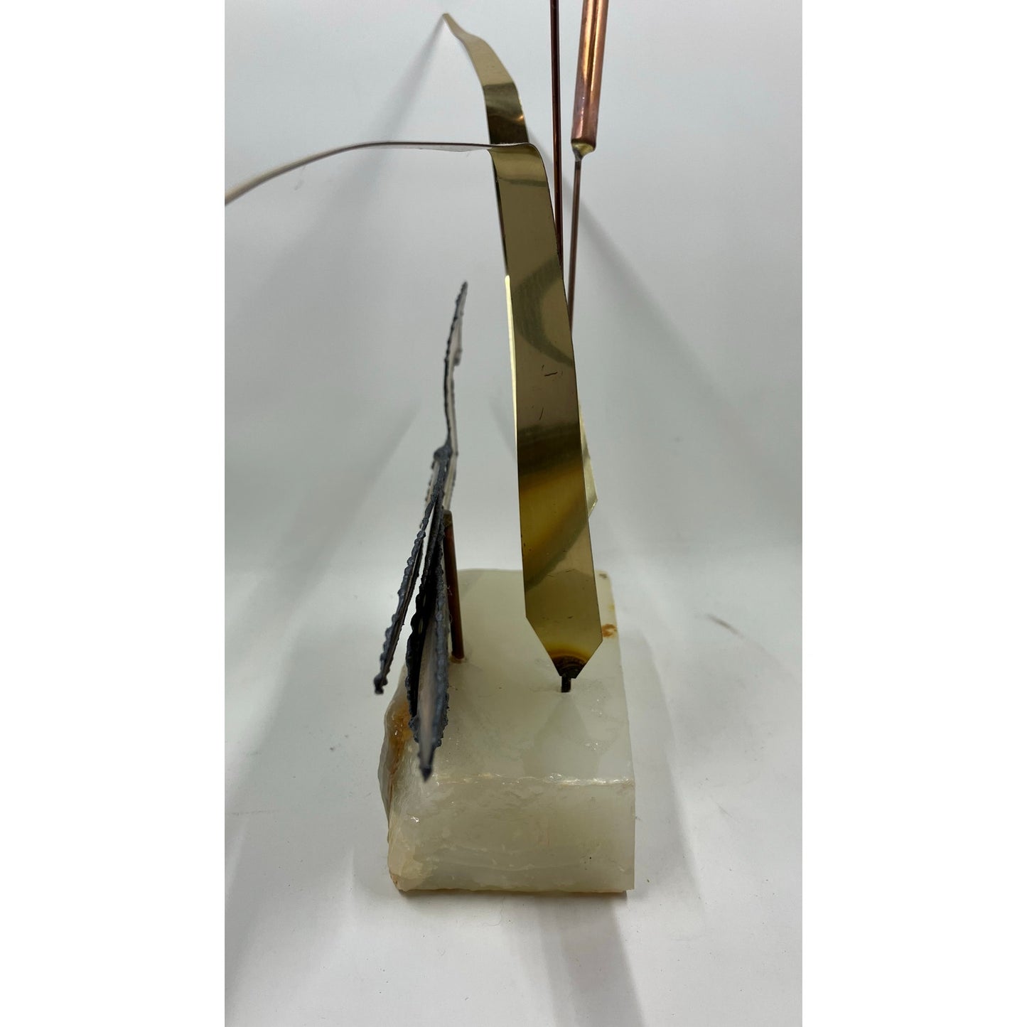 Brutalist Brass and Bronze Duck with  Copper Cattails on Onyx Base Signed John DeMott