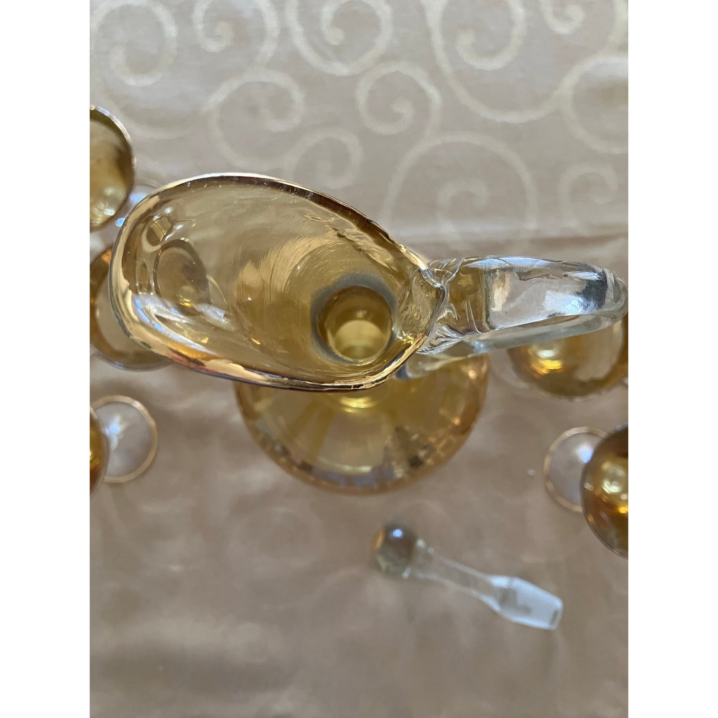Murano Italian Blown Glass Sherry Decanter and Glasses Set Amber with Heavy Gold Overlay