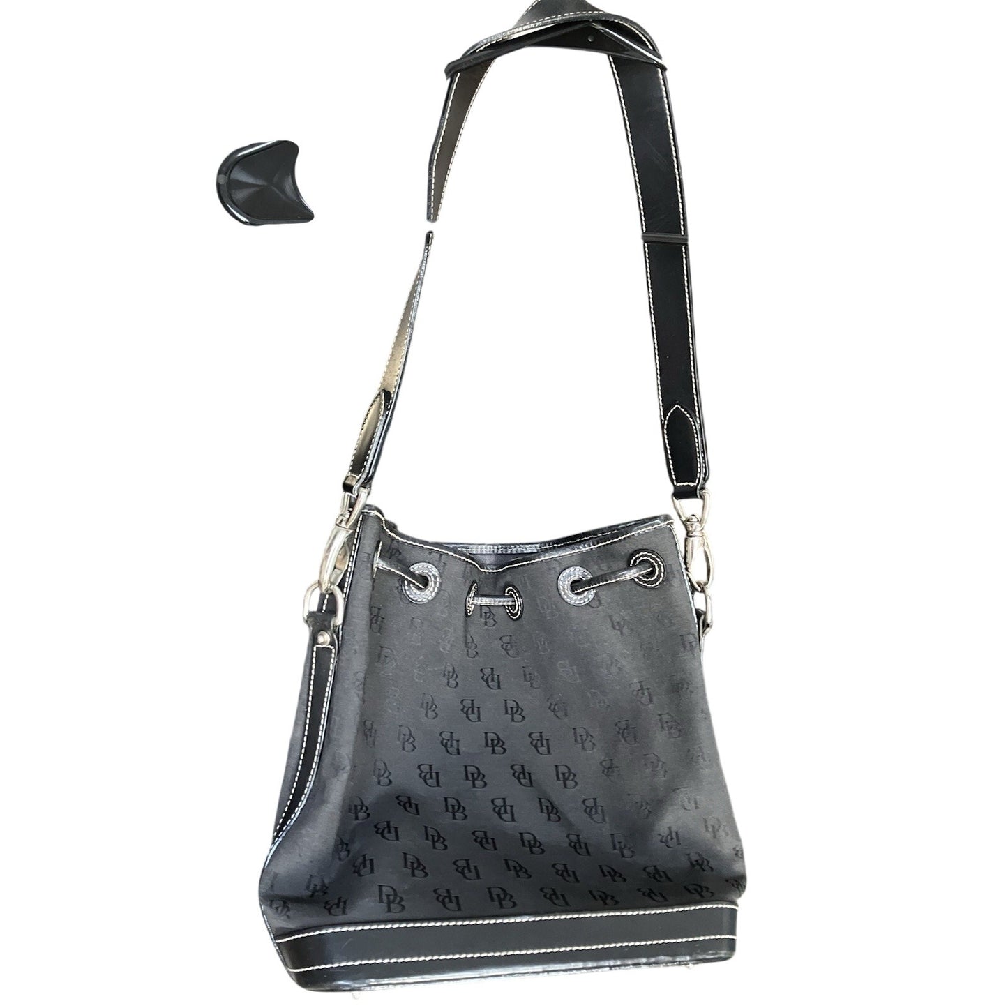 Vintage Black Signature Monogram DOONEY BOURKE Bucket Drawstring Cinch Bag