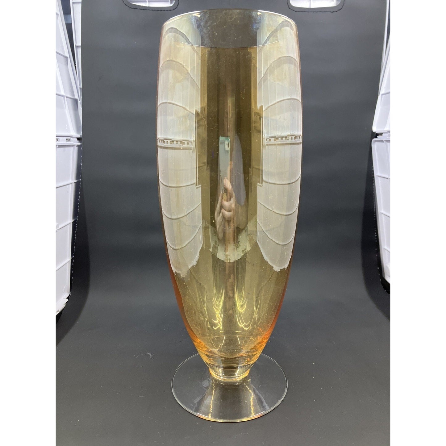 Vtg Empoli Italian Amber Iridescent Blown Glass Vase Footed MCM Mid Century 10"