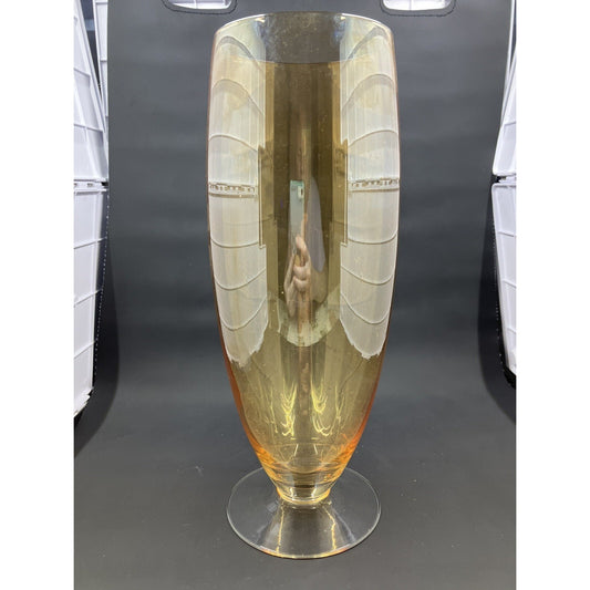 Vtg Empoli Italian Amber Iridescent Blown Glass Vase Footed MCM Mid Century 10"