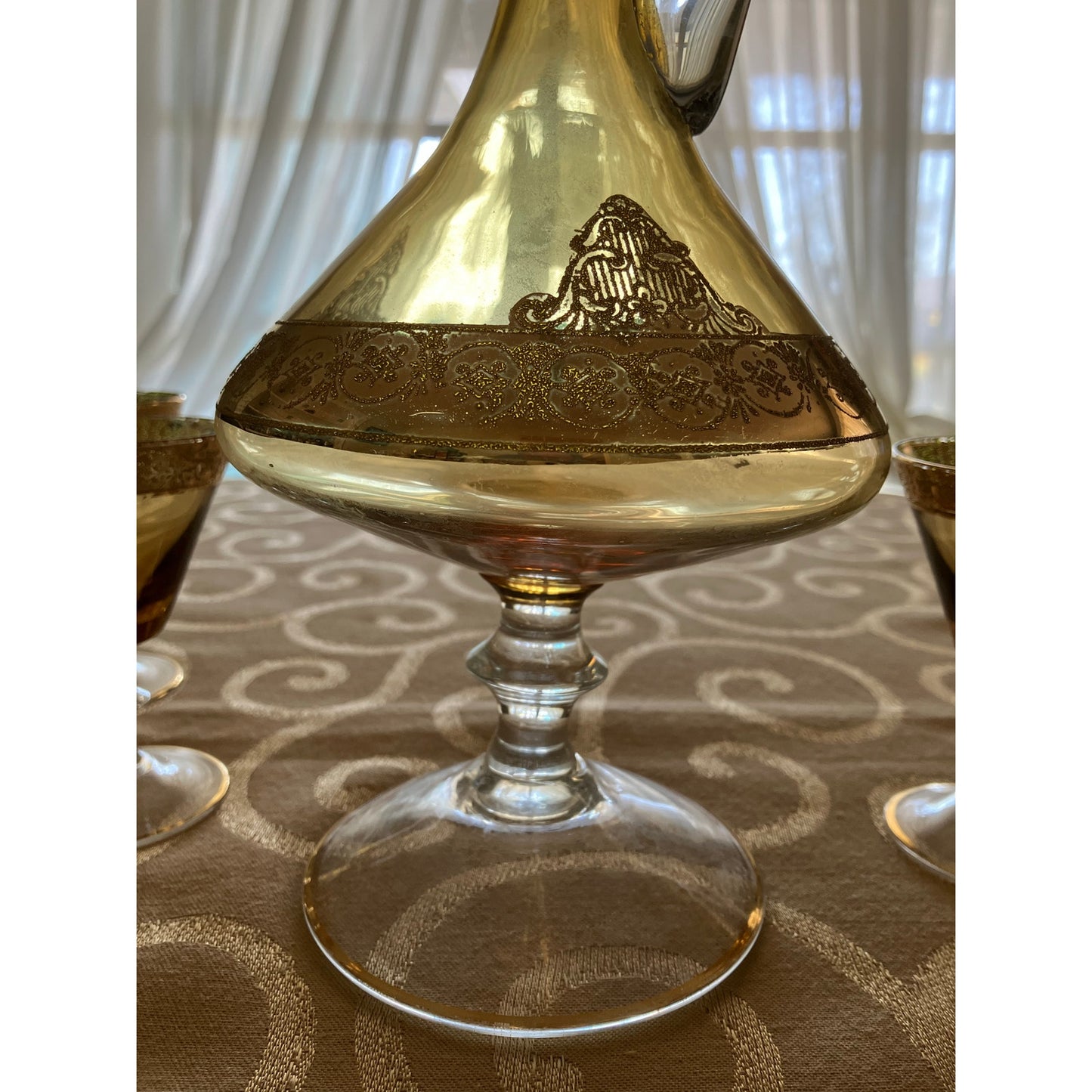 Murano Italian Blown Glass Sherry Decanter and Glasses Set Amber with Heavy Gold Overlay