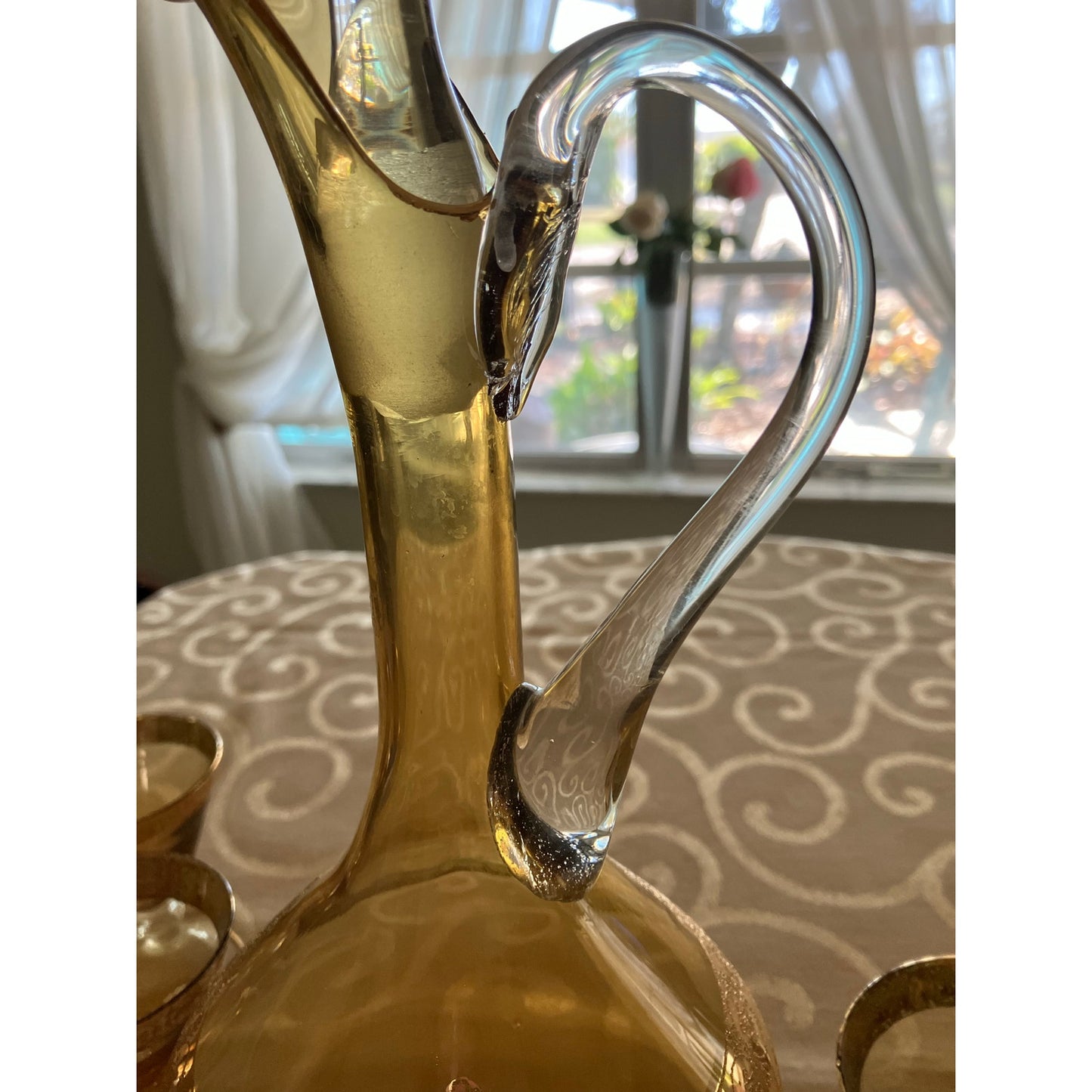 Murano Italian Blown Glass Sherry Decanter and Glasses Set Amber with Heavy Gold Overlay